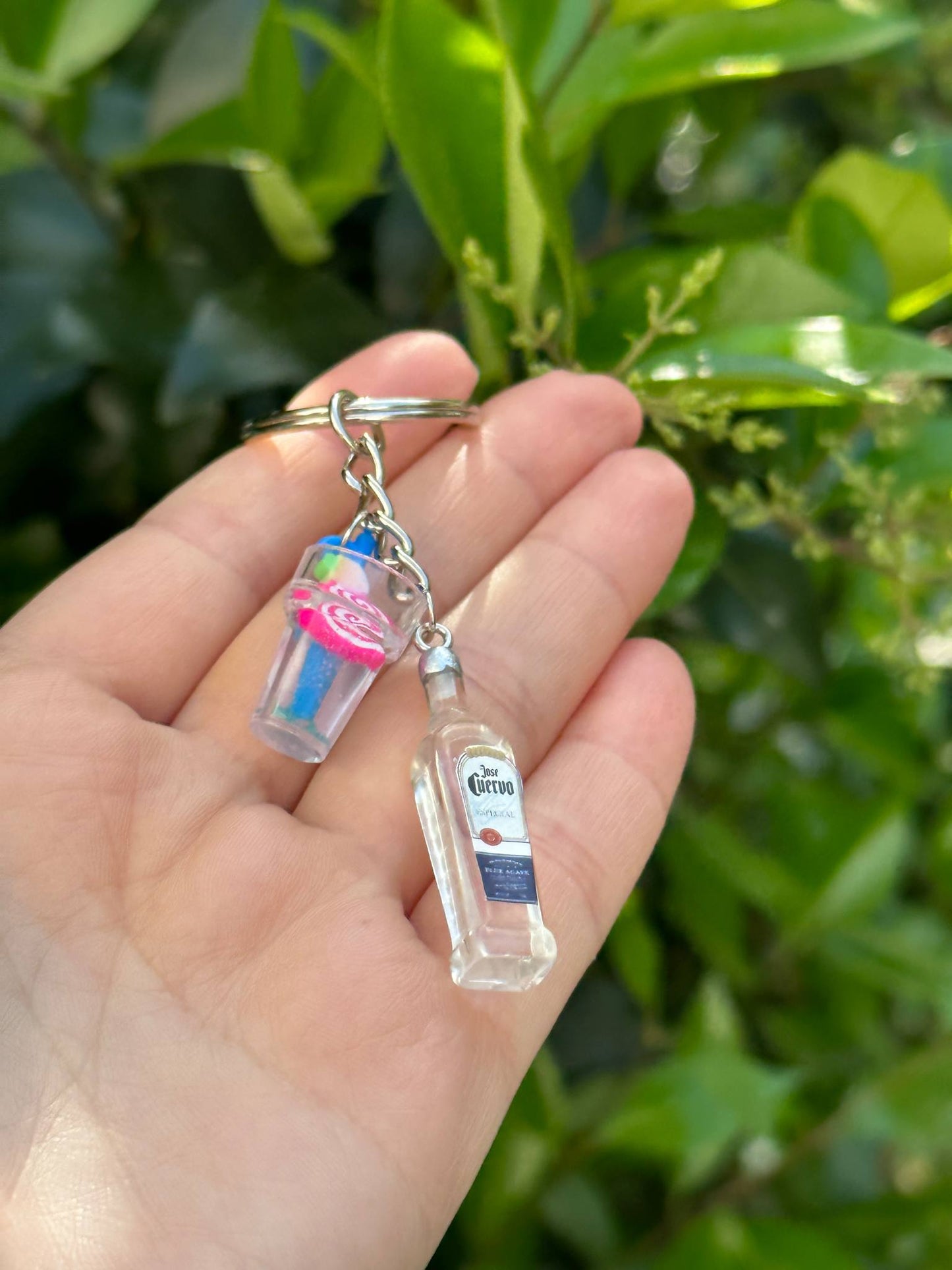 mini Jose Cuervo tequila keychain with silver cocktail cup charm fun gift