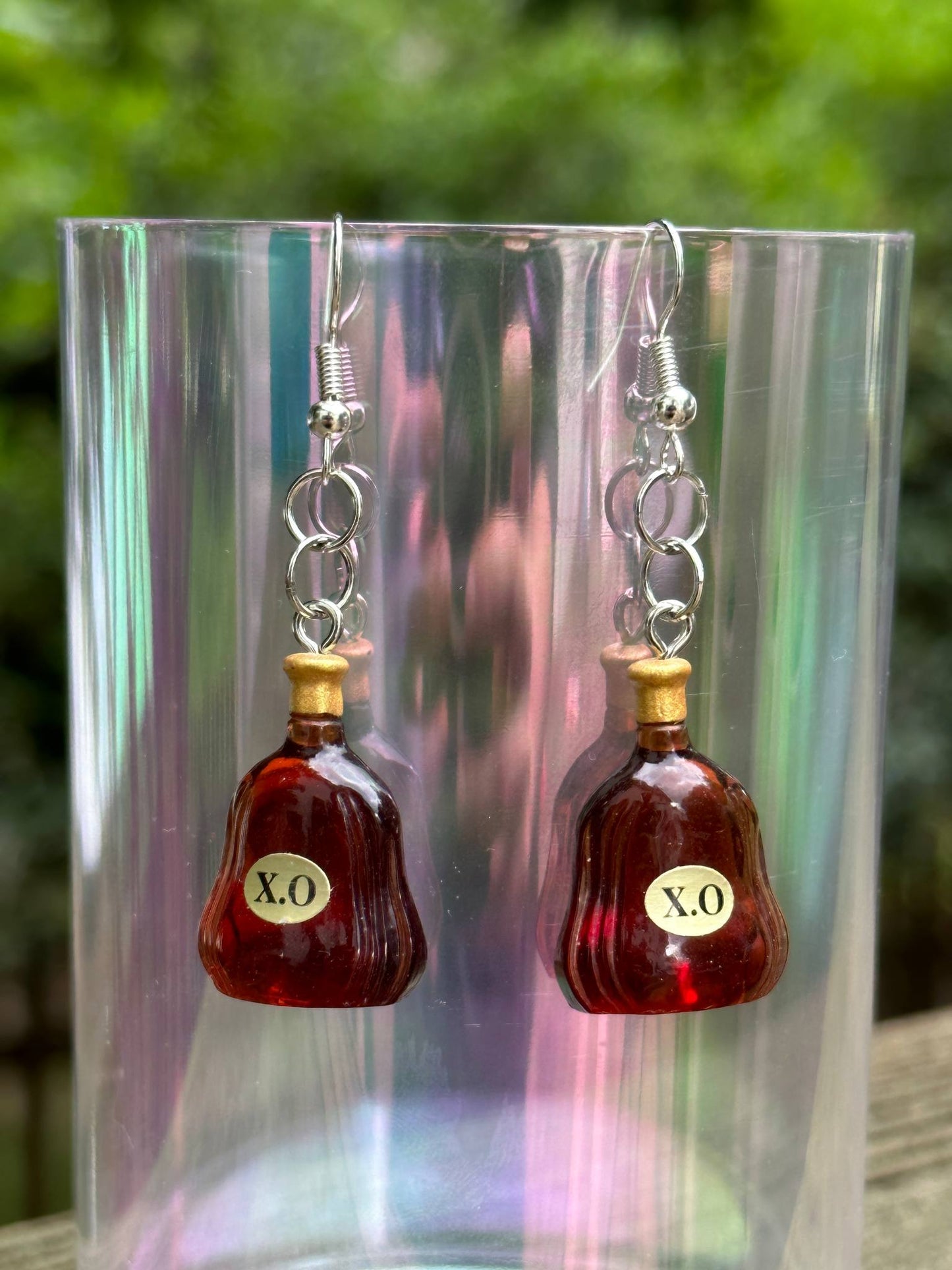 xo whiskey bottle earrings liquor-themed handmade dangle jewelry gift
