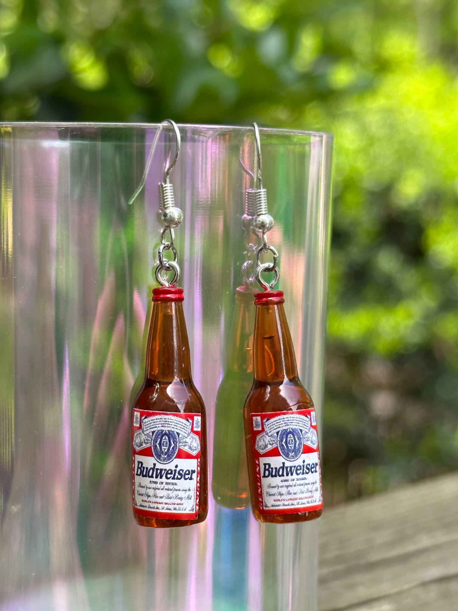 mini Budweiser beer bottle earrings fun resin jewelry for beer lovers