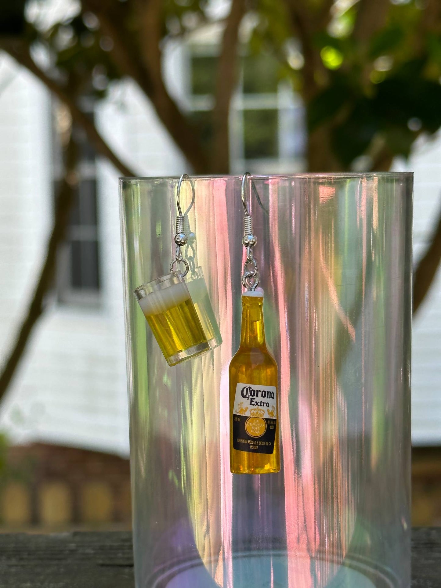 mini Corona beer bottle and cup earrings fun party drink-themed resin jewelry