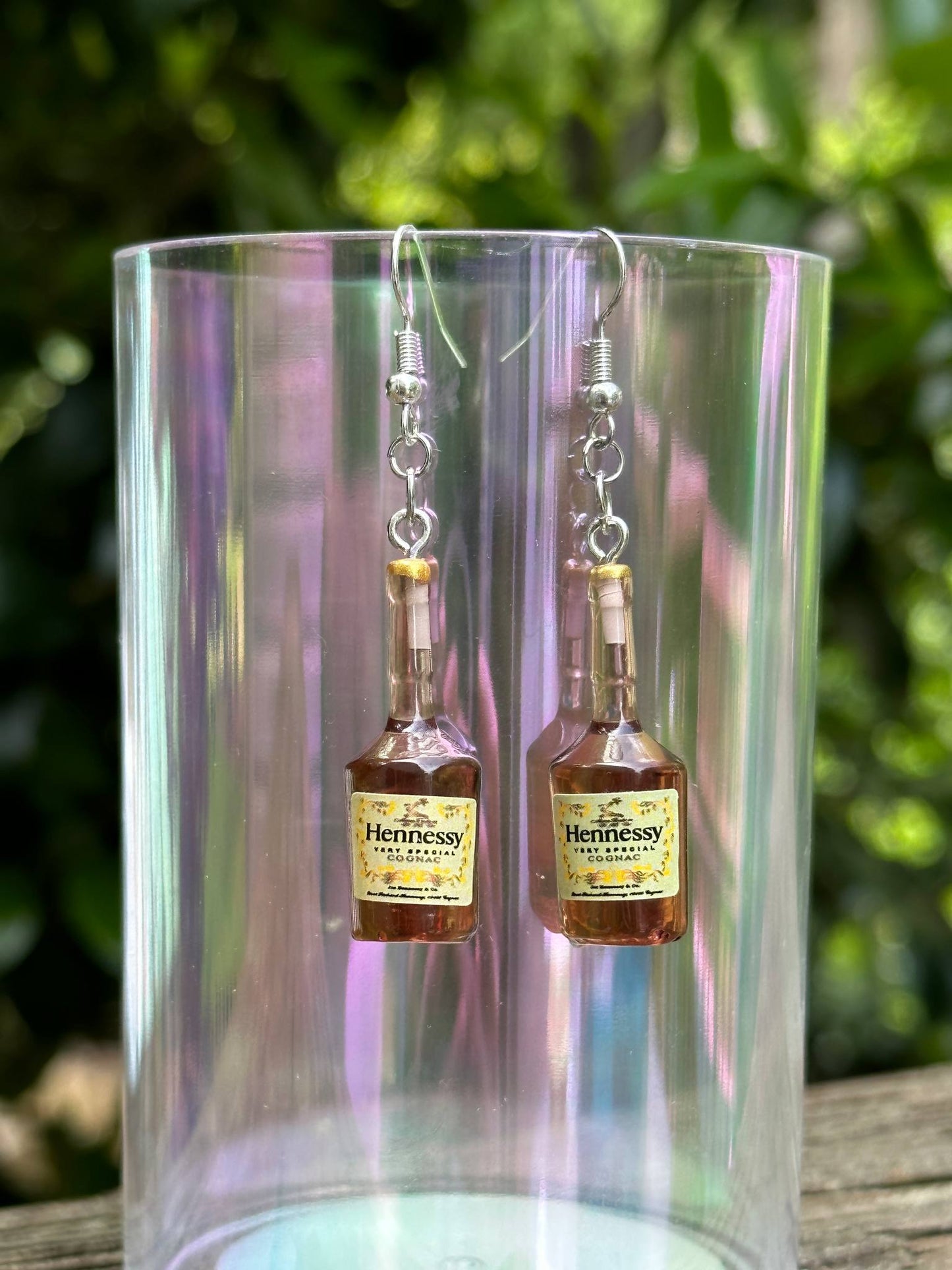 mini Hennessy cognac bottle earrings resin handmade dangle jewelry