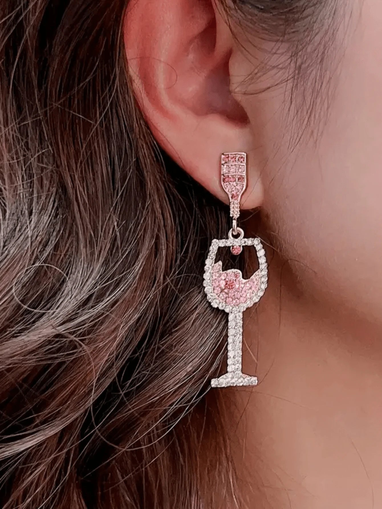 pink rhinestone wine glass earrings elegant dangle jewelry gift for wine lovers
