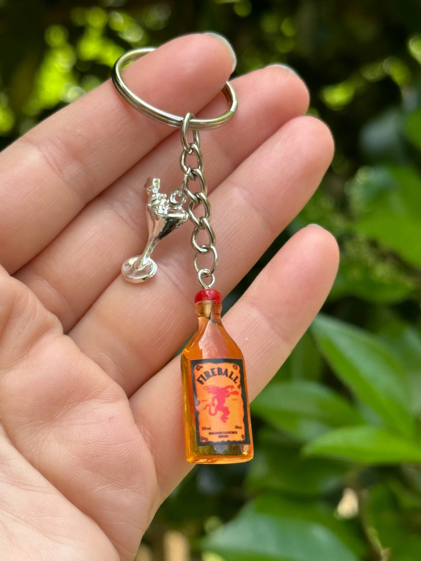 fireball whiskey keychain with silver cocktail charms fun gift accessory