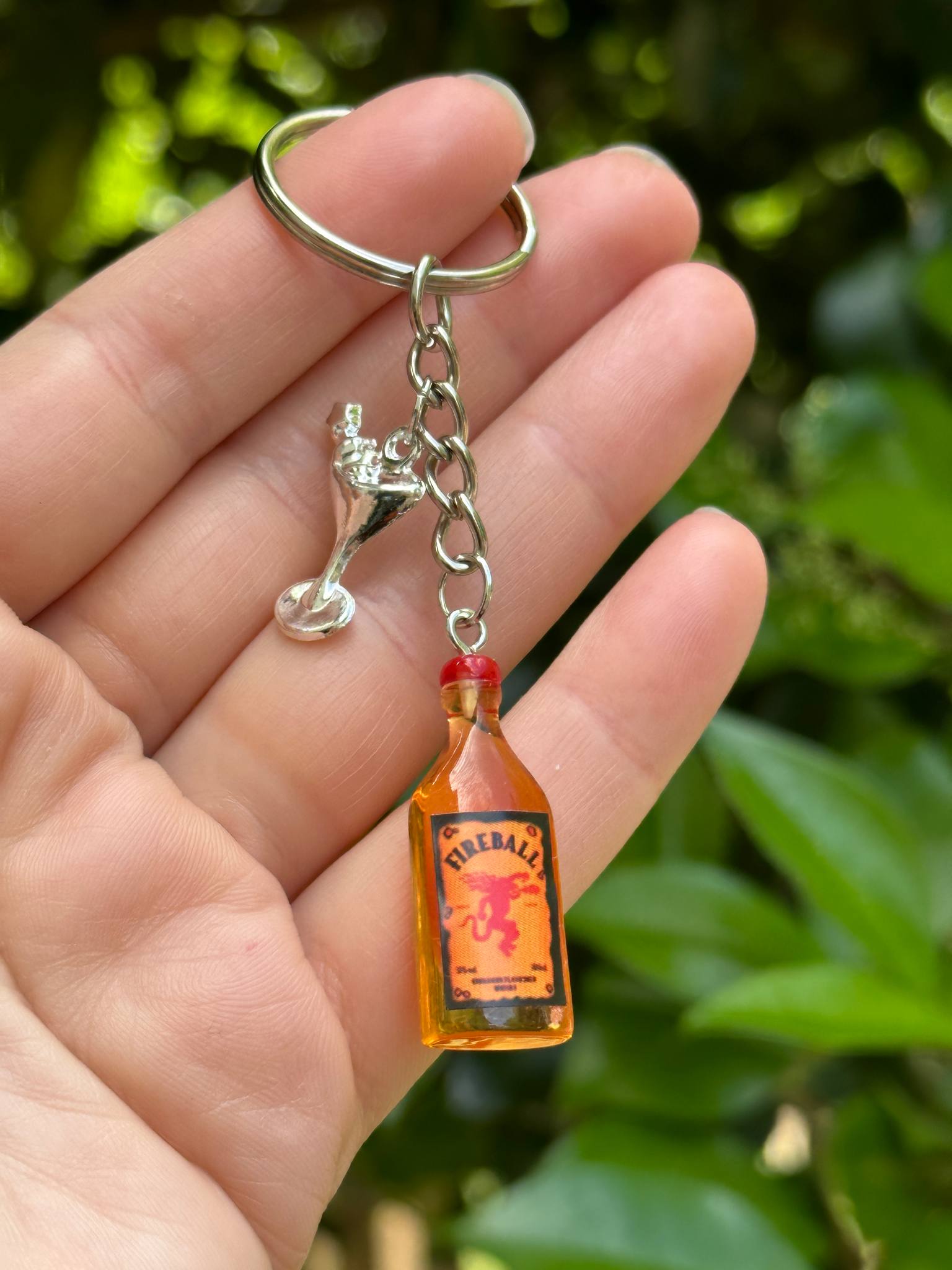 fireball whiskey keychain with silver cocktail charms fun gift accessory