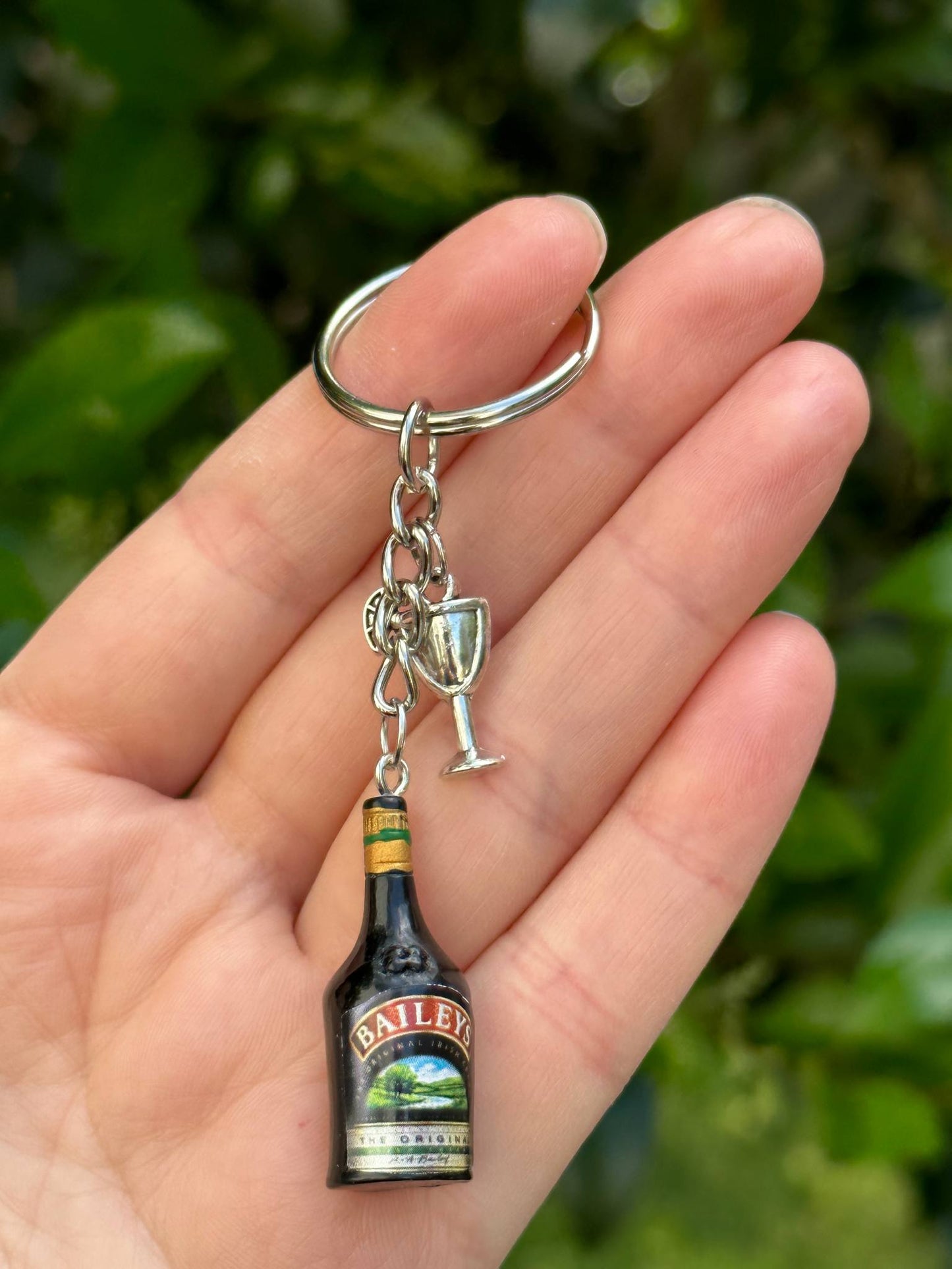 mini baileys bottle keychain with cocktail glass charm fun gift for liqueur lovers