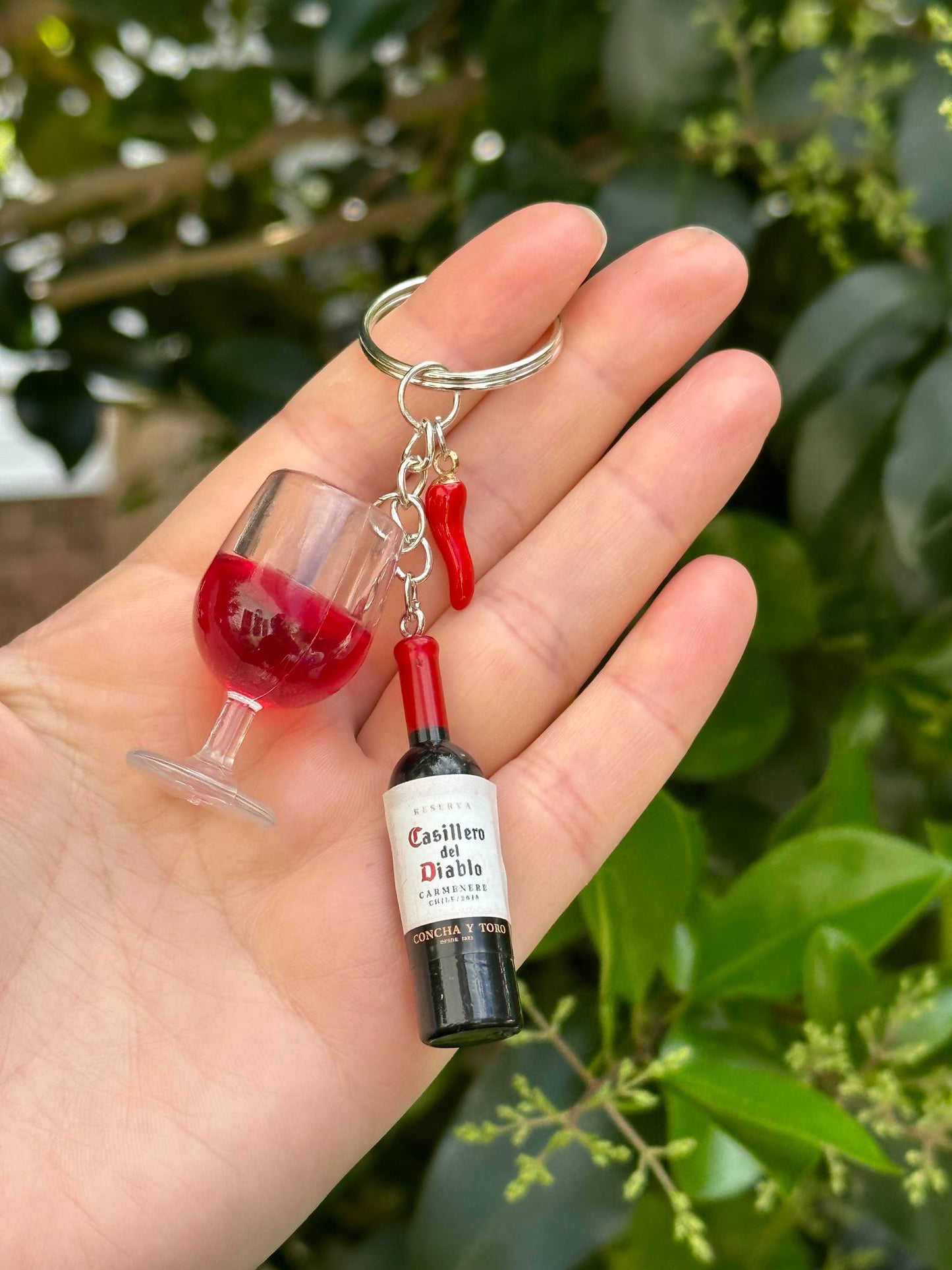 oversized wine bottle keychain set with wine glass earrings and red pepper charm gift