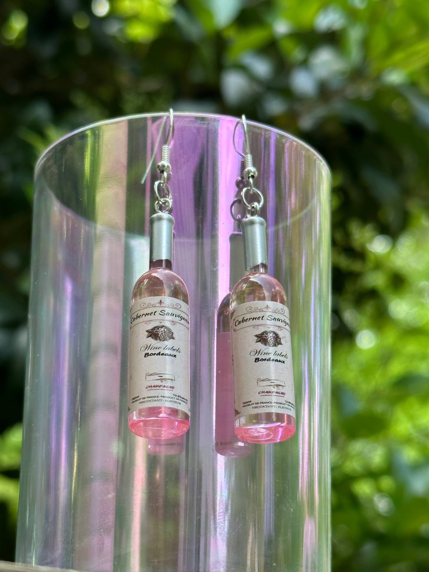 mini pink wine bottle earrings resin fun jewelry gift for wine lovers