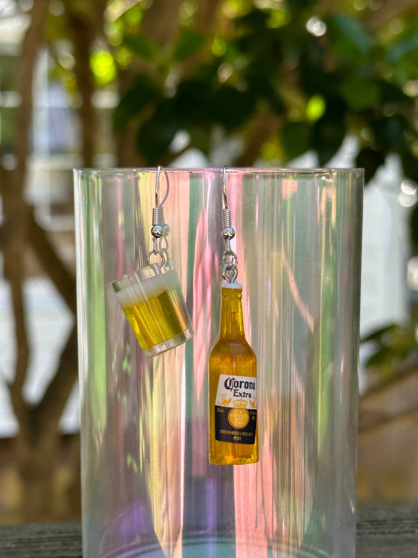 mini Corona beer bottle and cup earrings fun party drink-themed resin jewelry
