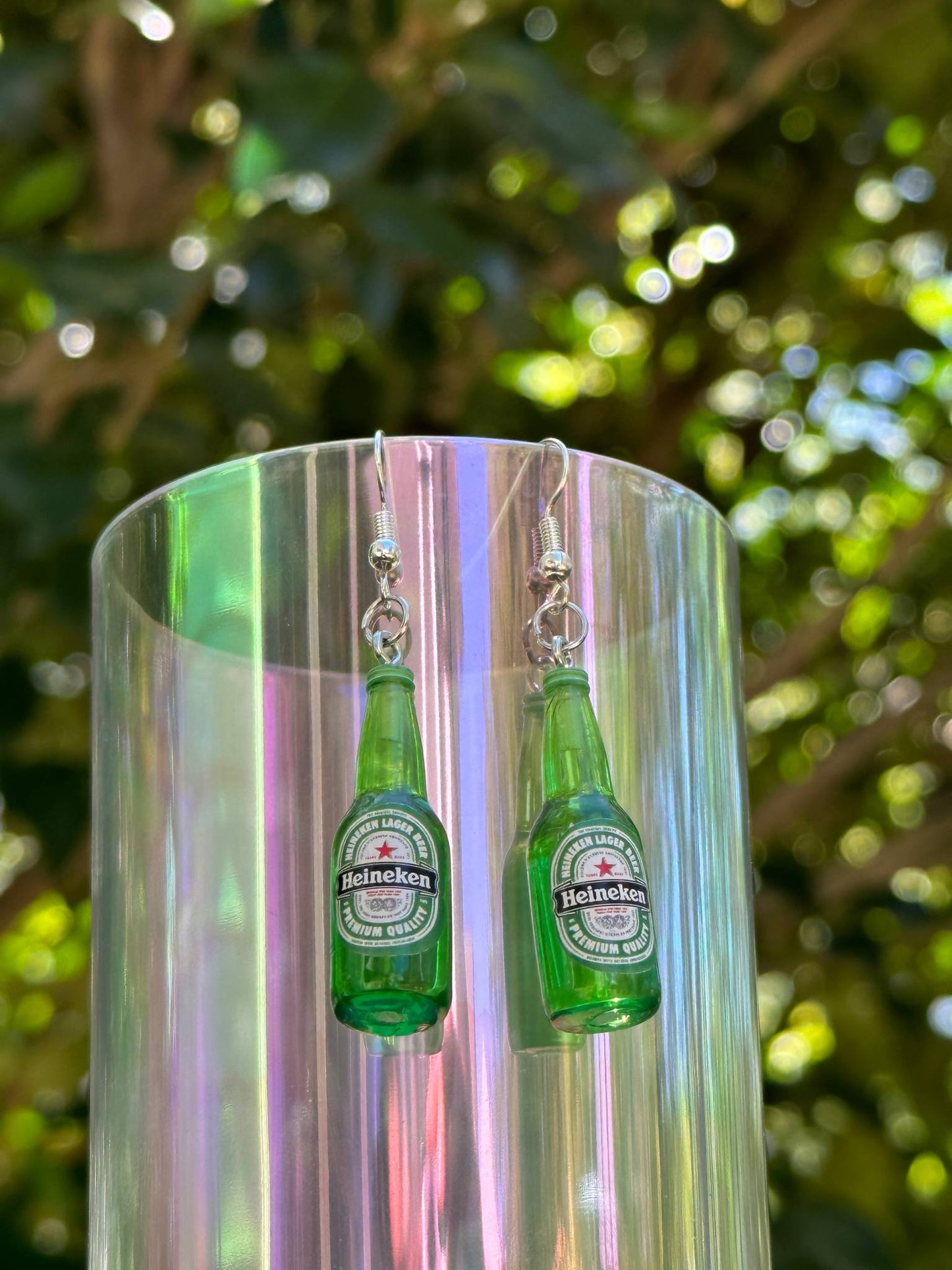 mini Heineken beer bottle earrings handmade resin jewelry for beer lovers