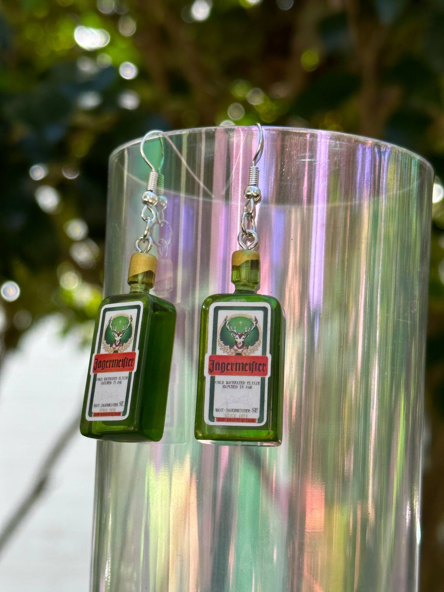 mini Jägermeister bottle earrings resin handmade jewelry for party lovers