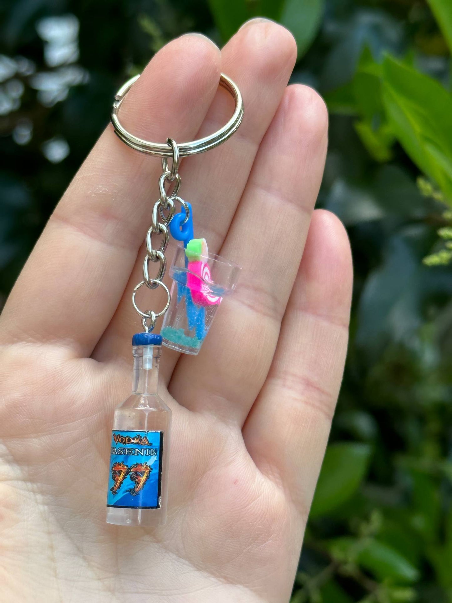 mini Vasenin 77 vodka bottle keychain with drink cup charms handmade bar-themed gift