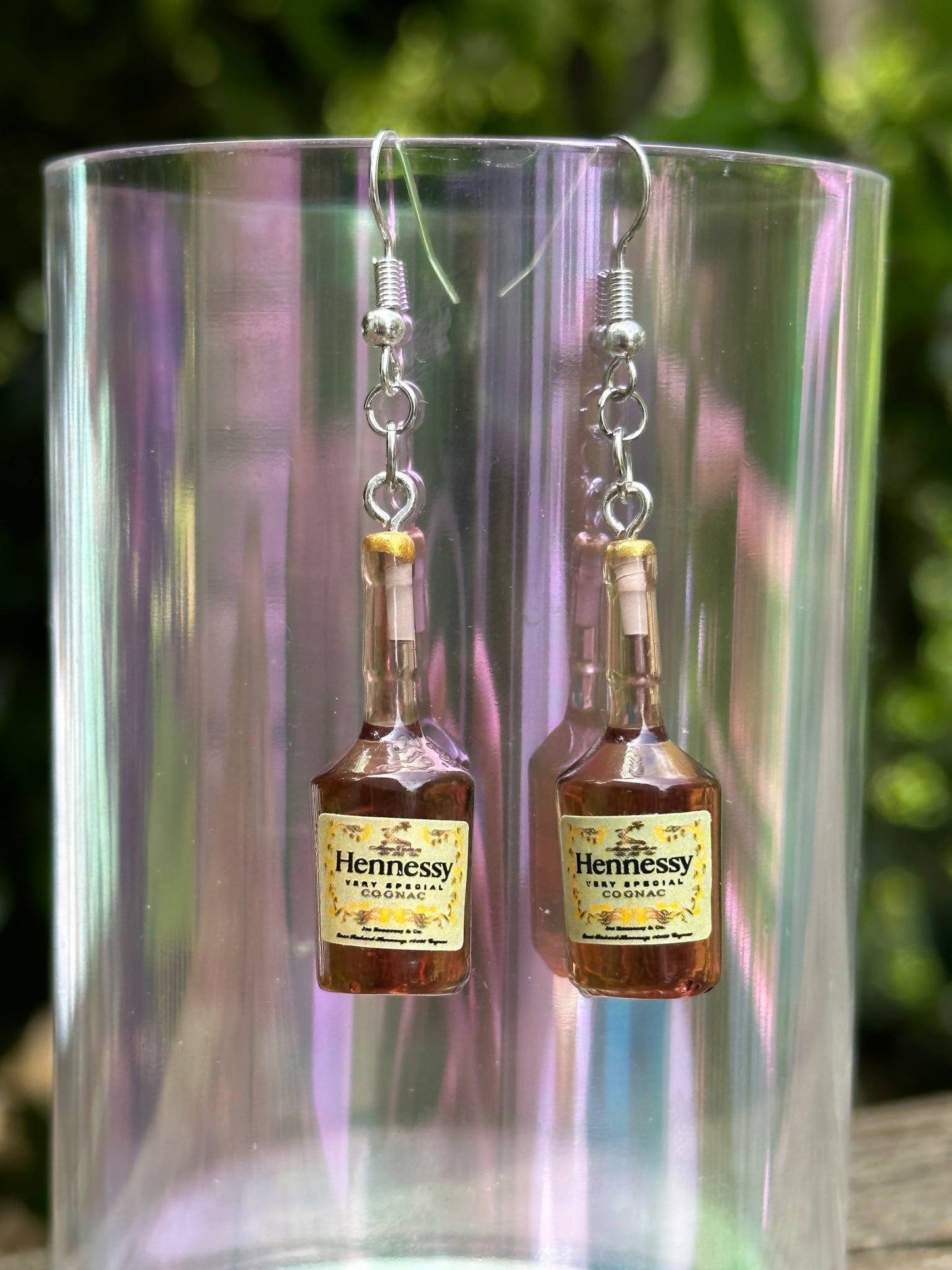 mini Hennessy cognac bottle earrings resin handmade dangle jewelry