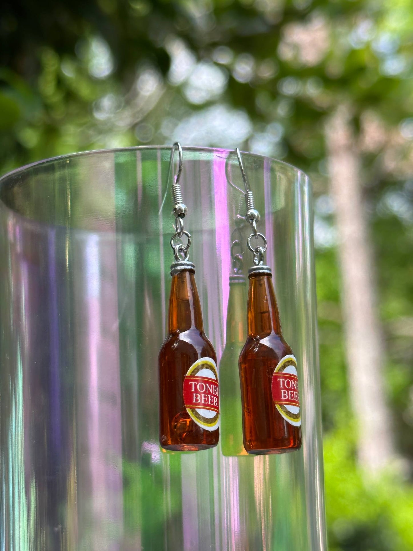 mini Tonbi beer bottle earrings handmade resin jewelry for beer lovers and parties