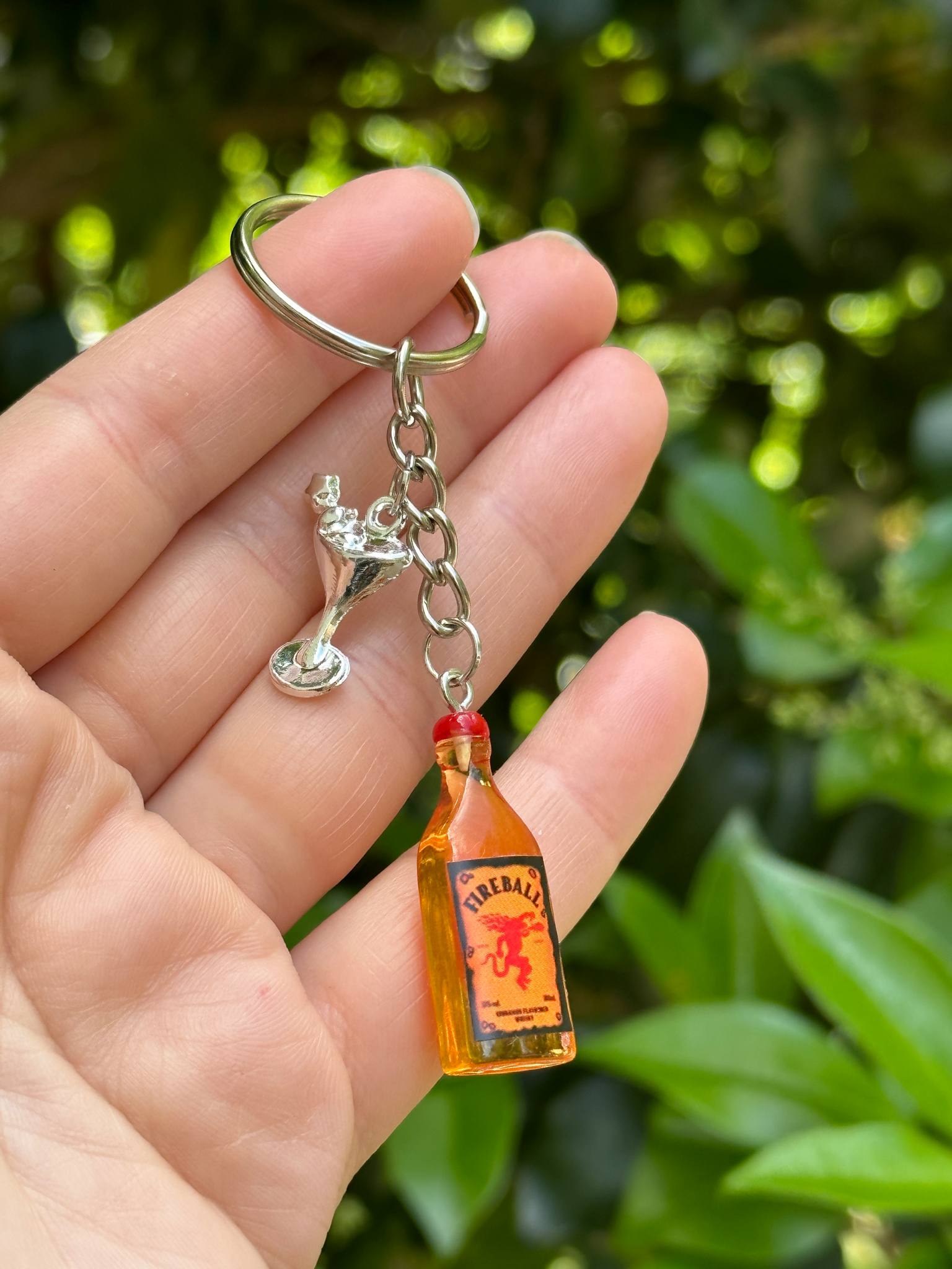 fireball whiskey keychain with silver cocktail charms fun gift accessory