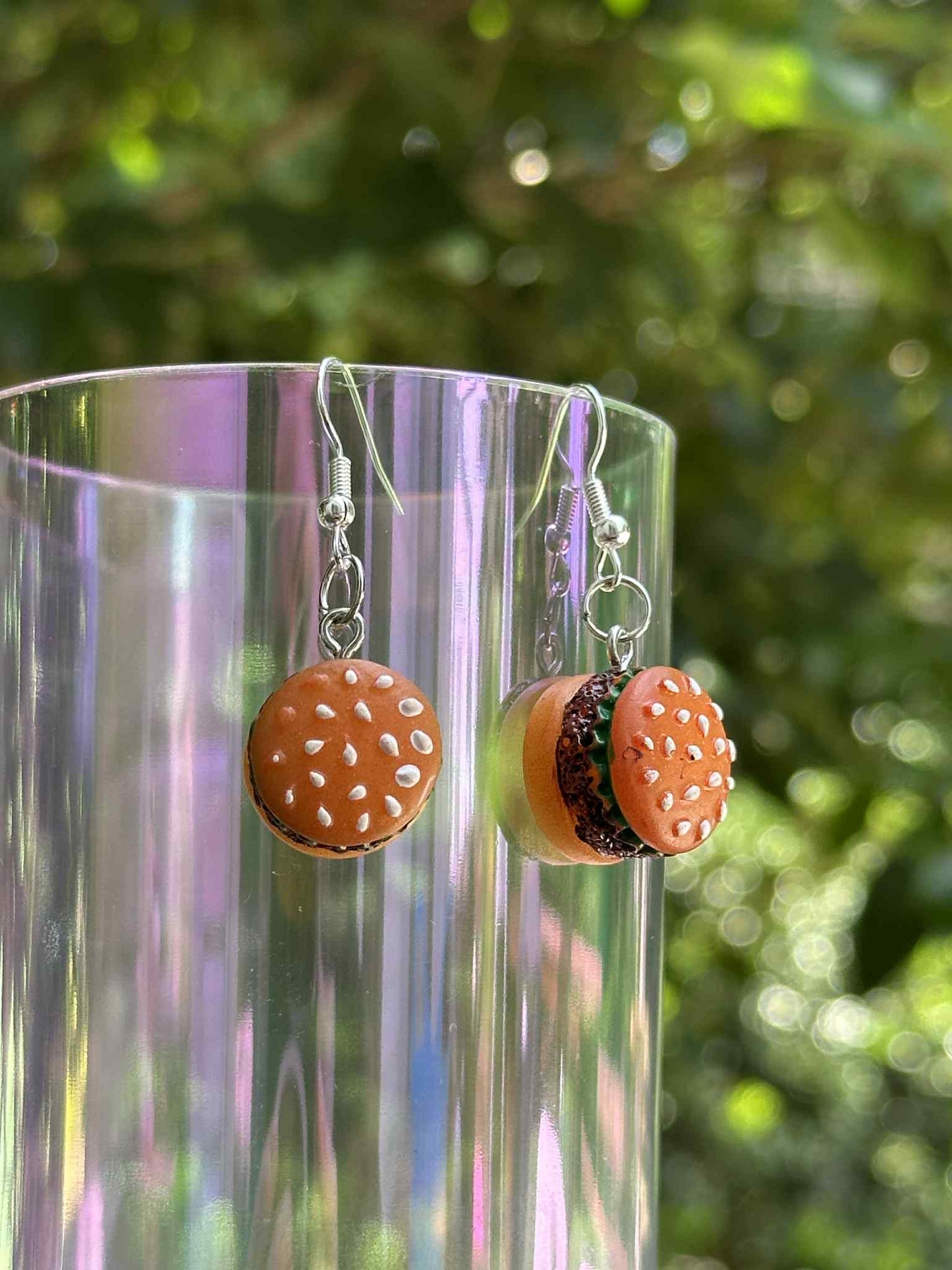 Acrylic hamburger charm earrings – quirky novelty dangle jewelry for retailers and boutiques.
