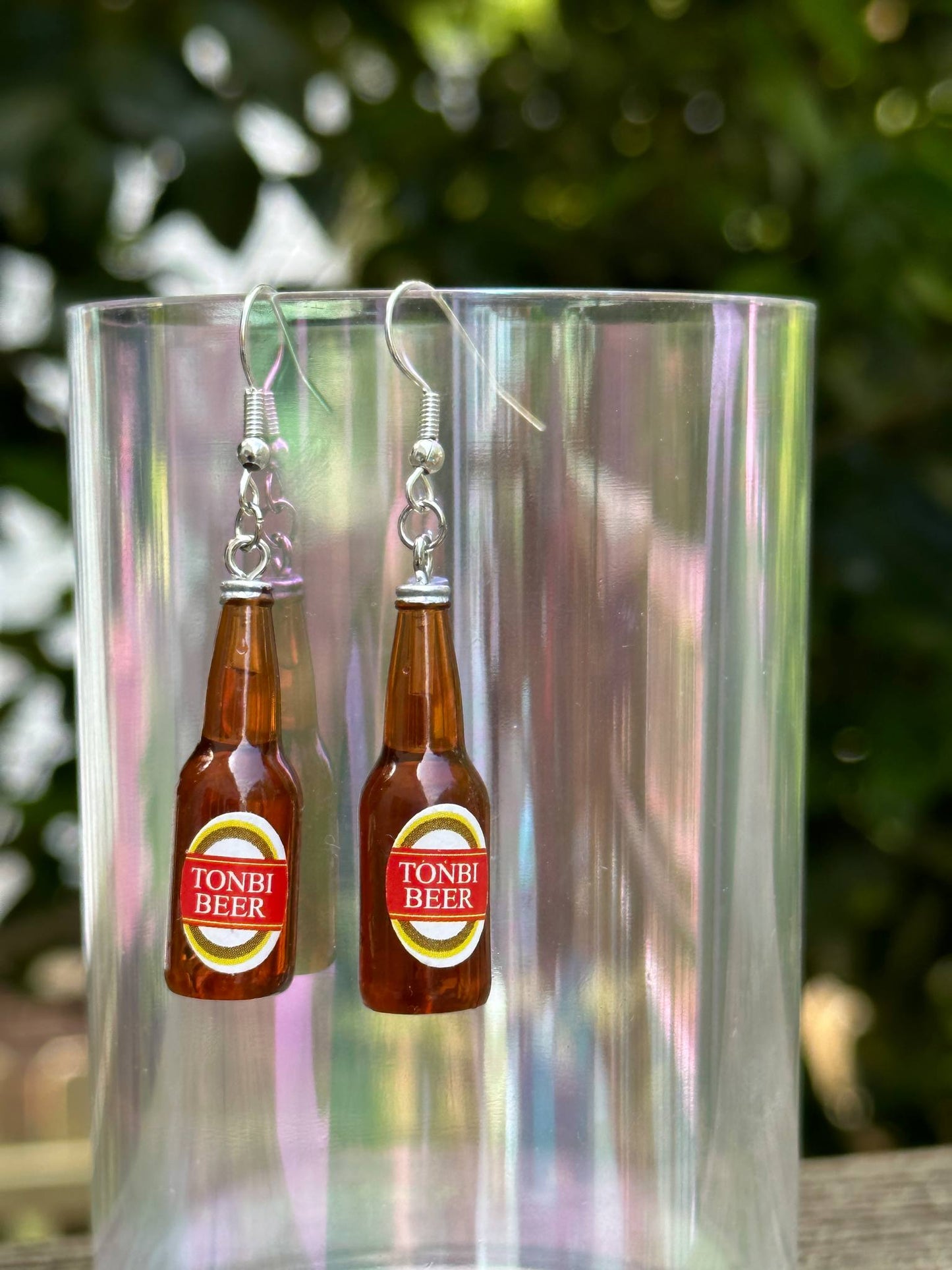 mini Tonbi beer bottle earrings handmade resin jewelry for beer lovers and parties