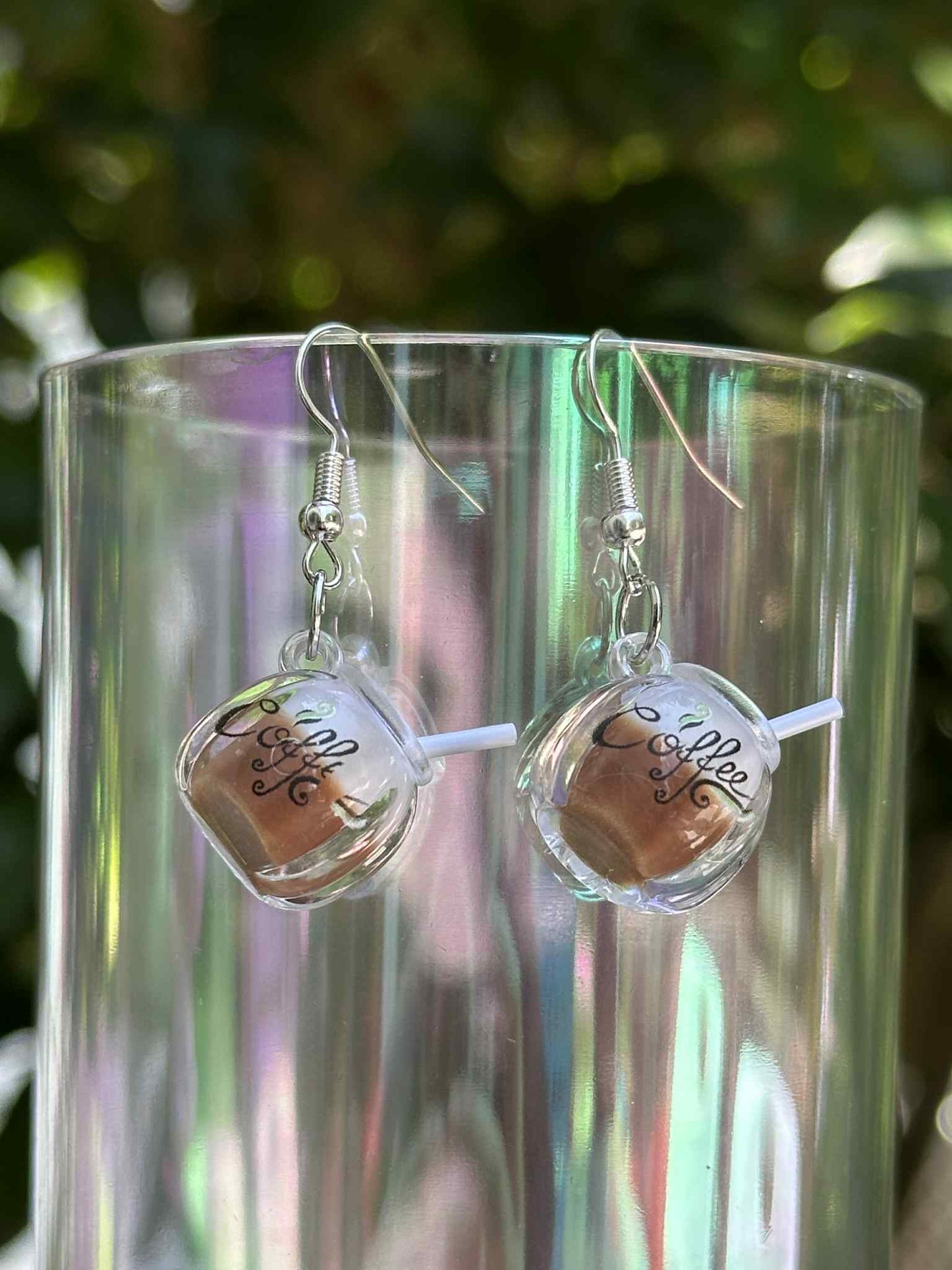 Mini coffee cup dangle earrings – café-inspired resin jewelry for boutiques and coffee-themed gifts.