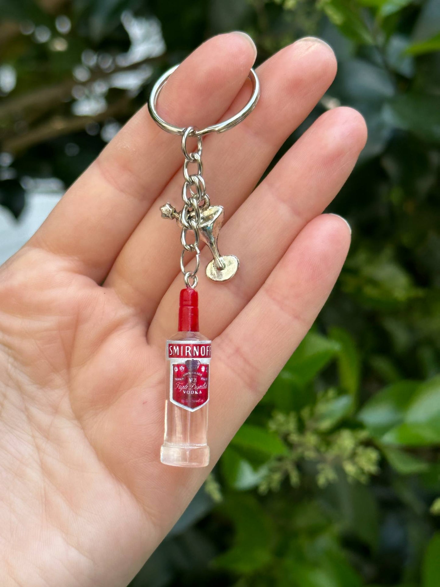 mini vodka bottle keychain with cocktail charm for bar and party lovers