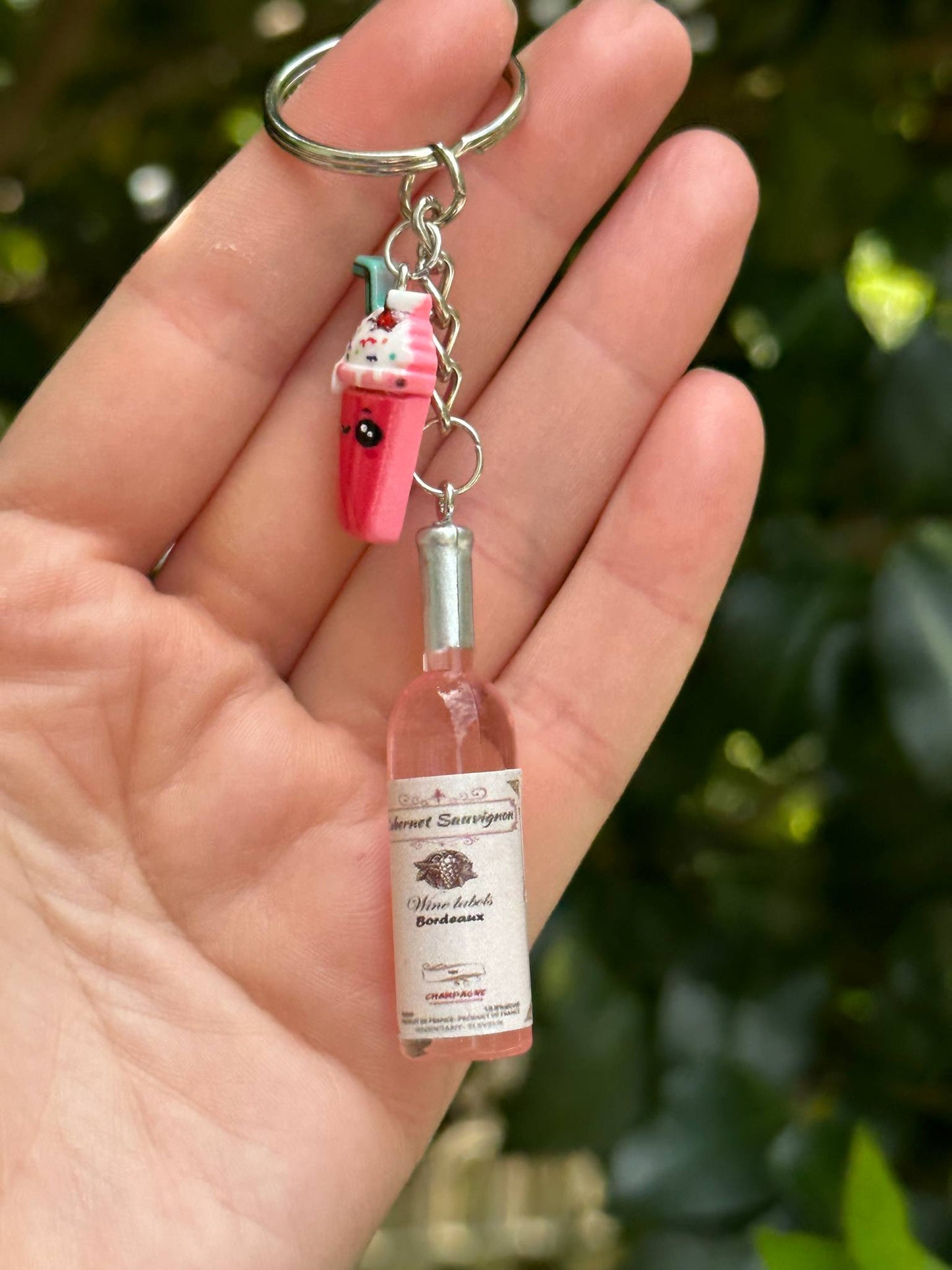 mini pink wine bottle keychain with cup and dessert charms gift for wine lovers