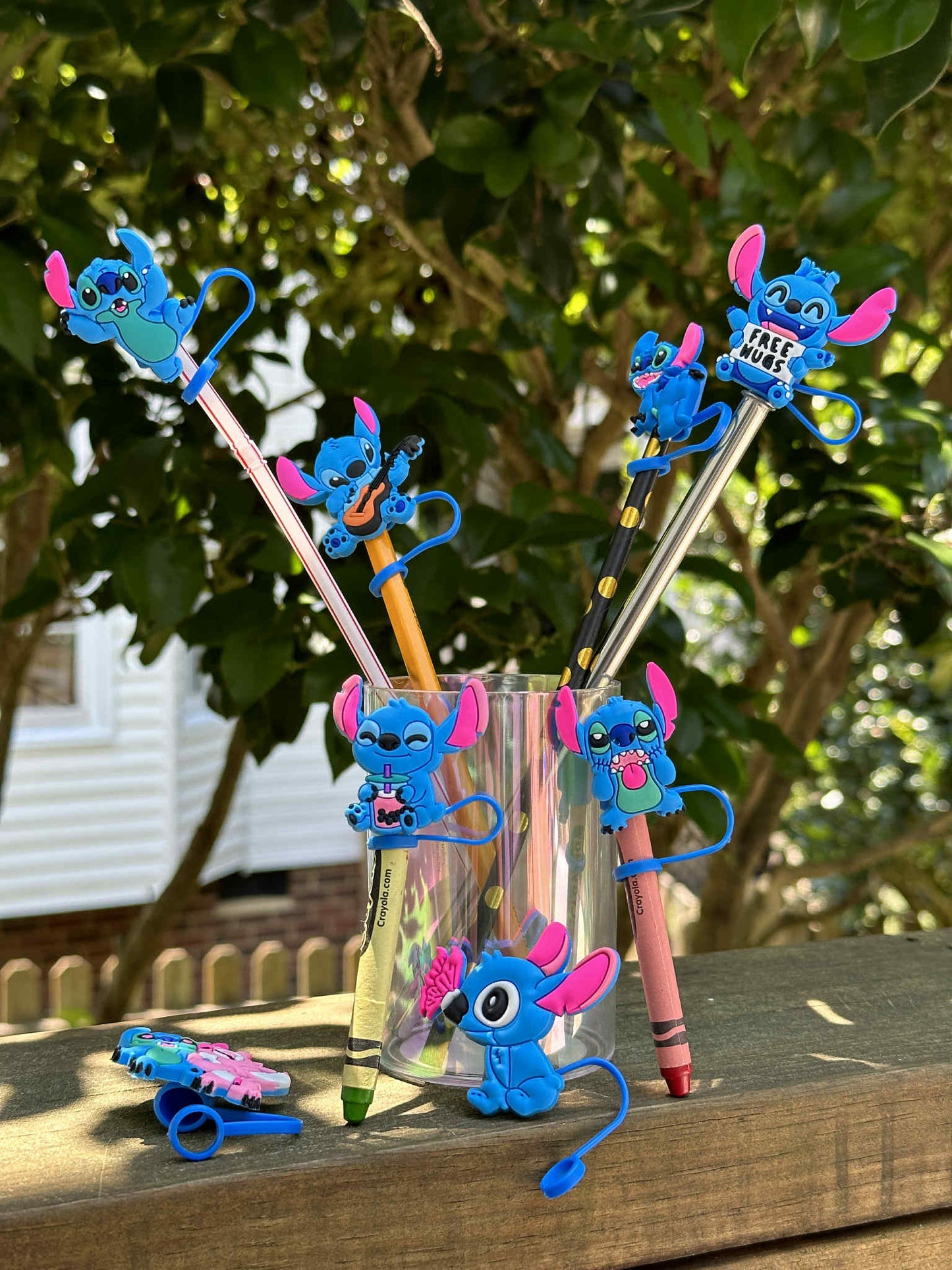 Stitch cartoon straw pencil pen cover caps reusable silicone set of 8