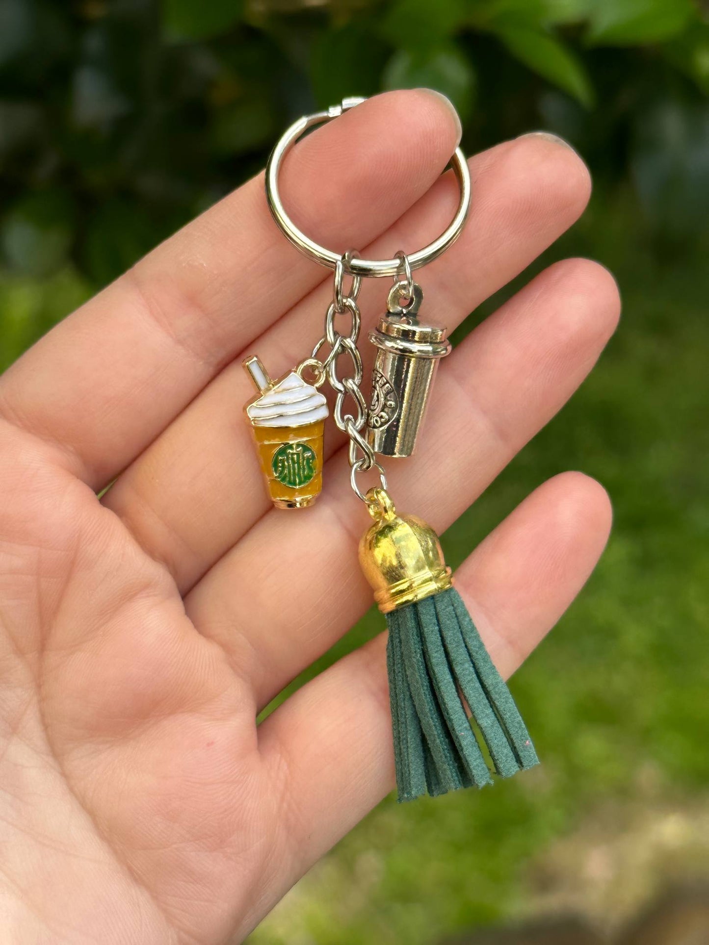 starbucks inspired coffee and ice cream charm keychain with leather tassel
