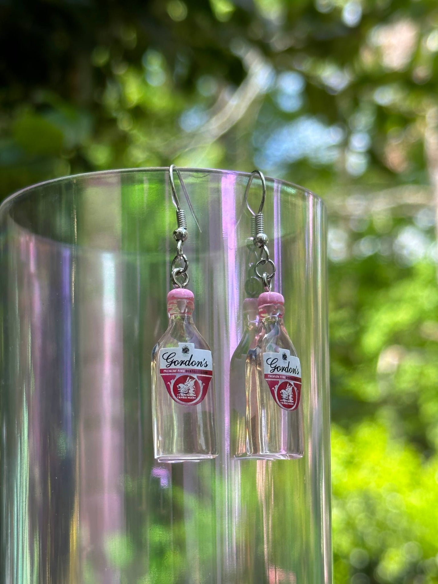 mini pink gin bottle earrings Gordon’s gin fun cocktail jewelry for women