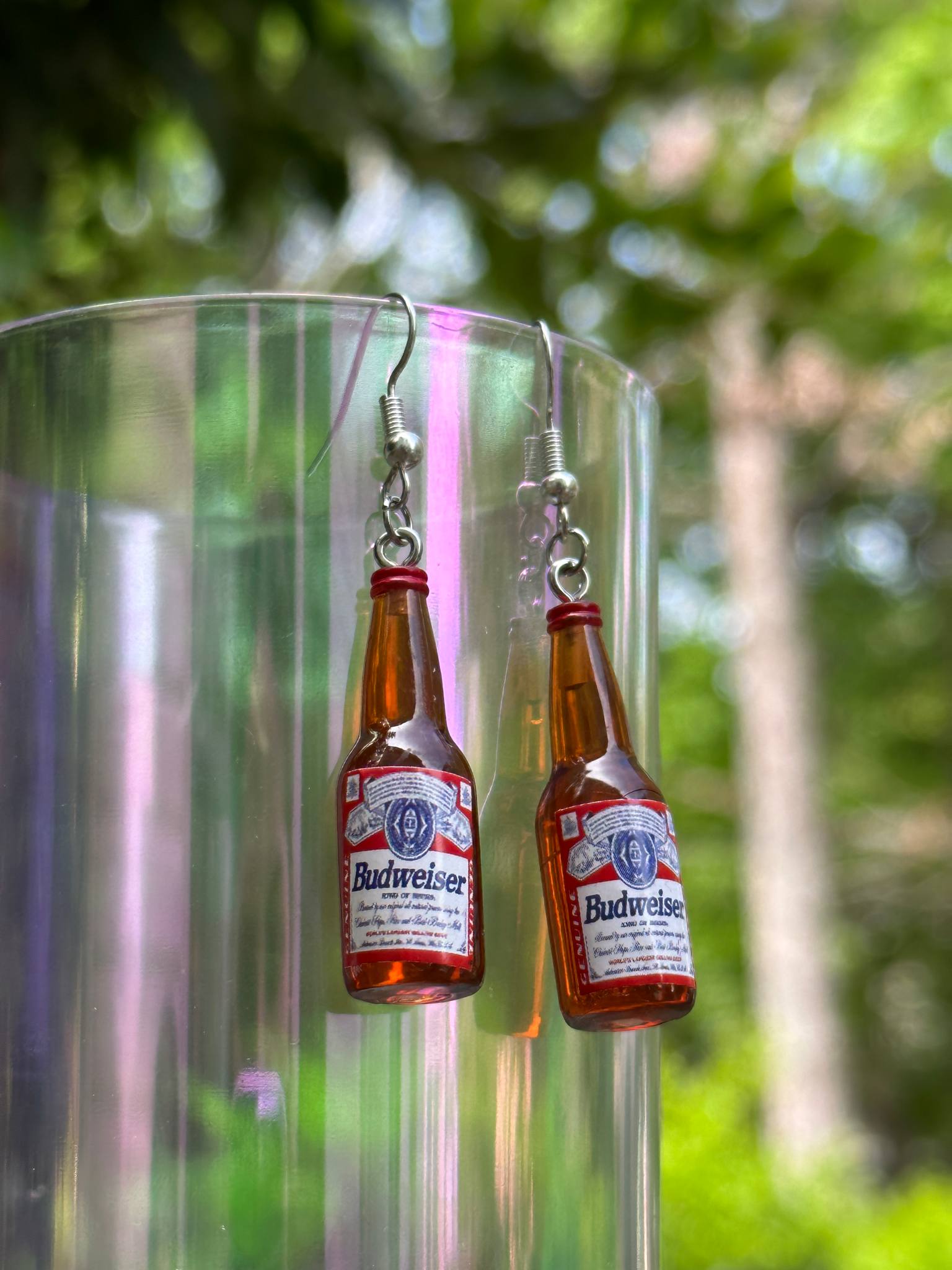 mini Budweiser beer bottle earrings fun resin jewelry for beer lovers
