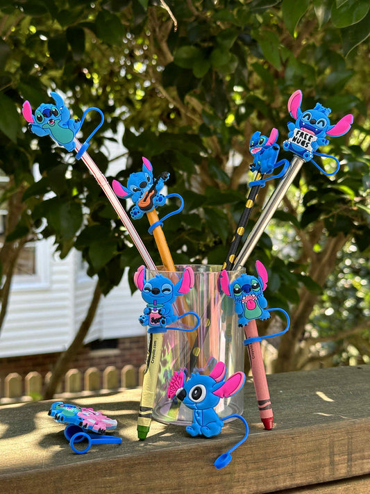 Stitch cartoon straw pencil pen cover caps reusable silicone set of 8