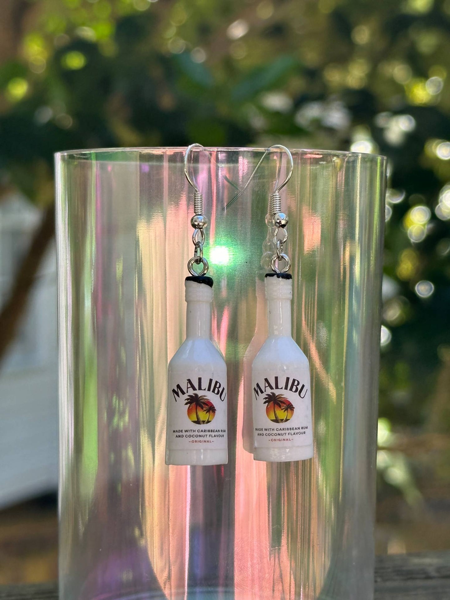 mini Malibu rum bottle earrings tropical drink-themed jewelry handmade gift