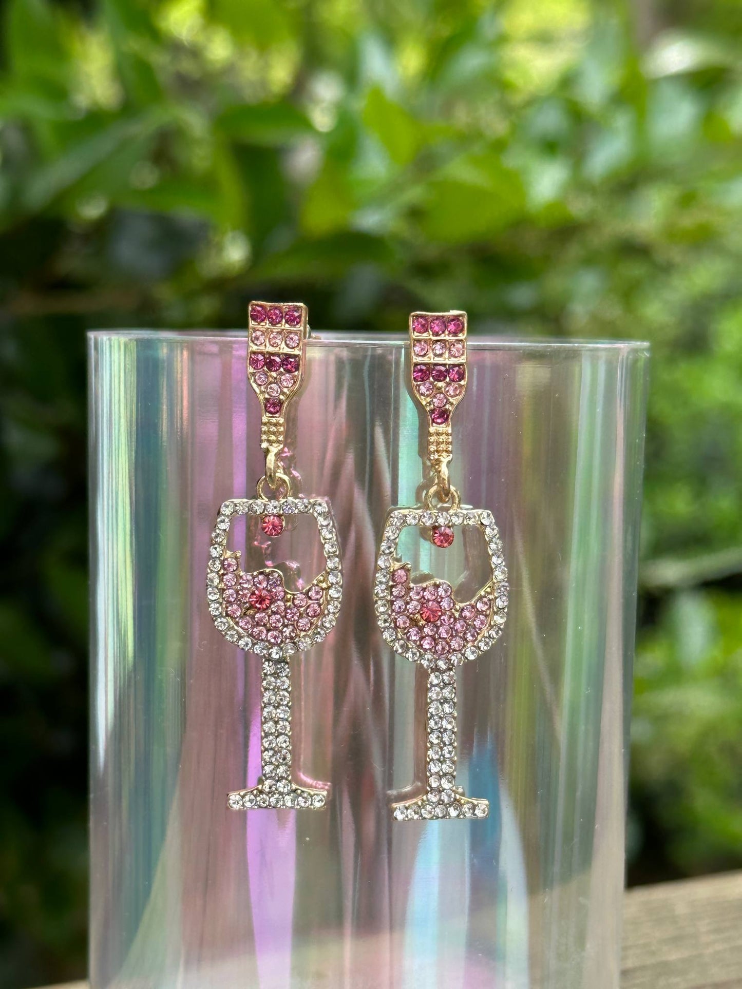 pink rhinestone wine glass earrings elegant dangle jewelry gift for wine lovers