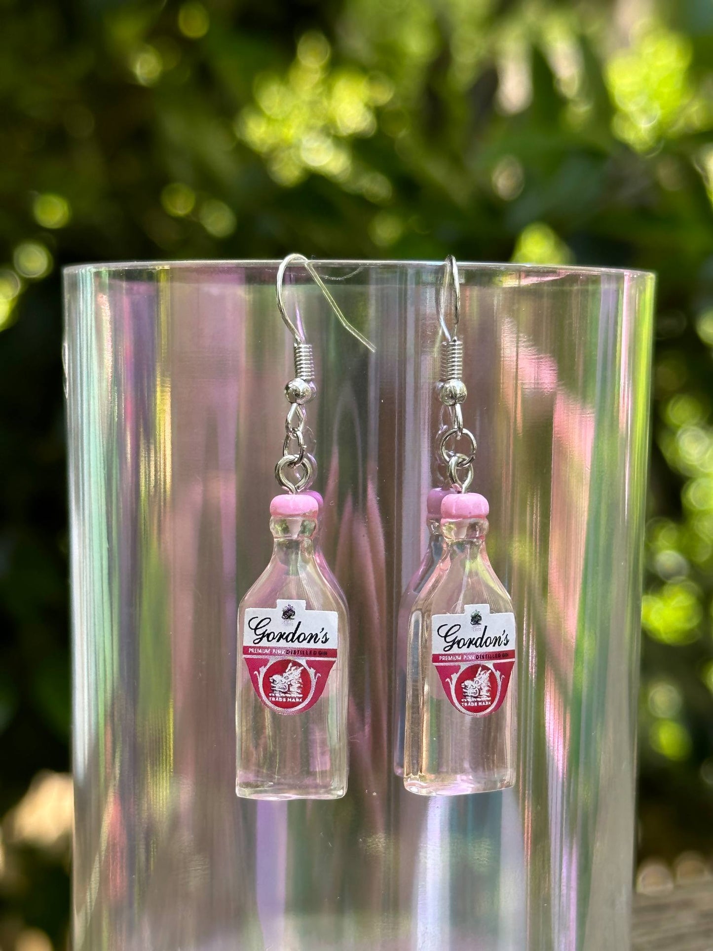 mini pink gin bottle earrings Gordon’s gin fun cocktail jewelry for women