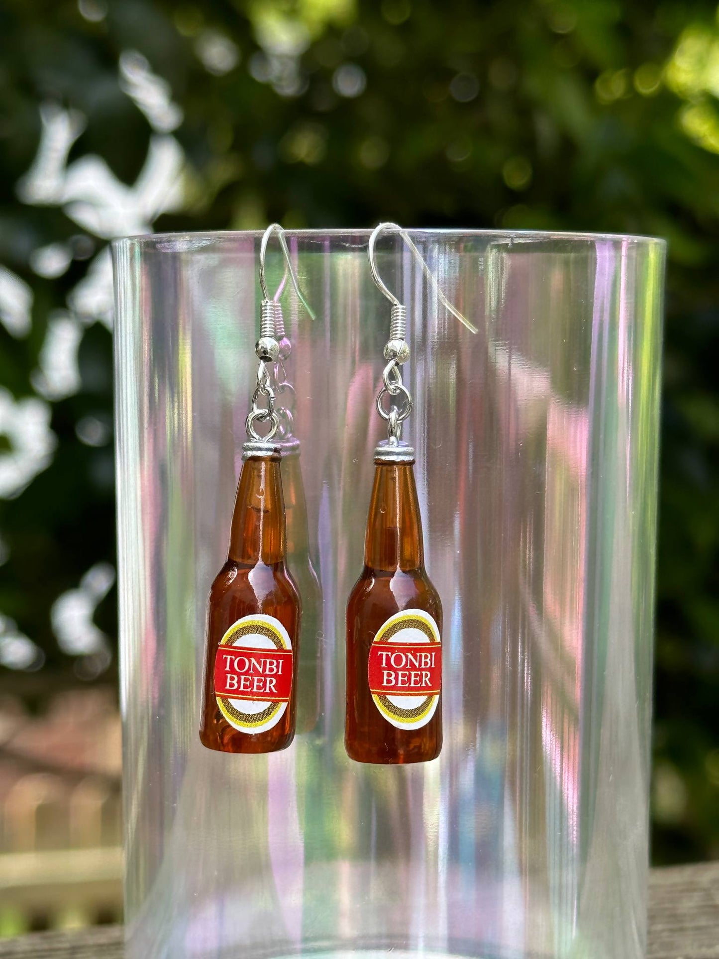 mini Tonbi beer bottle earrings handmade resin jewelry for beer lovers and parties