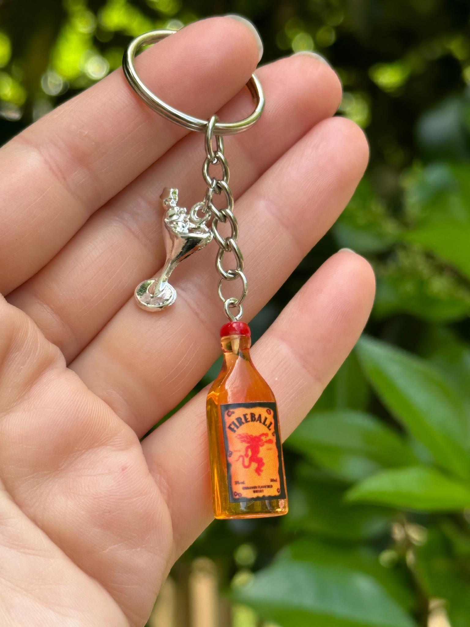 fireball whiskey keychain with silver cocktail charms fun gift accessory