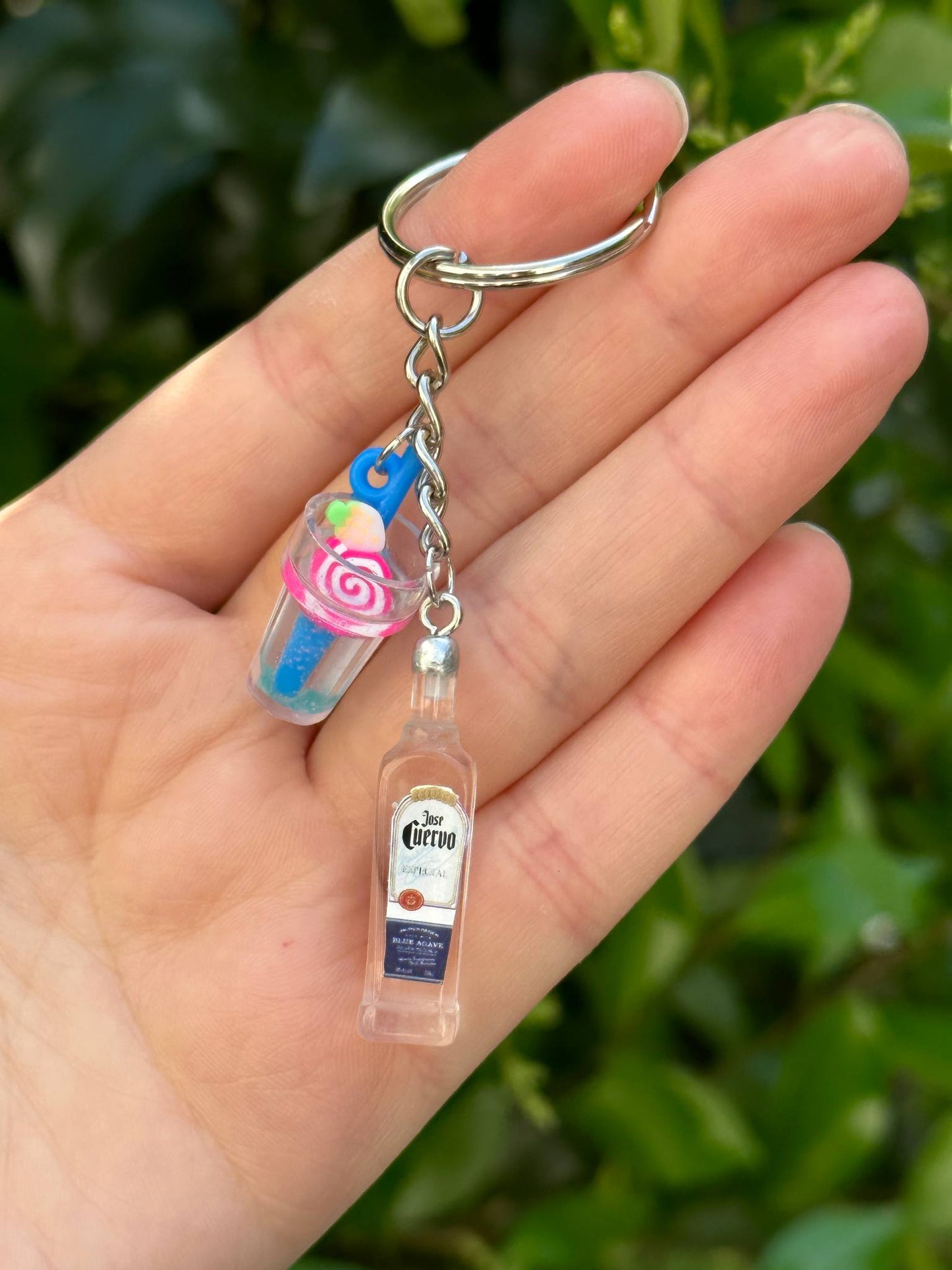mini Jose Cuervo tequila keychain with silver cocktail cup charm fun gift