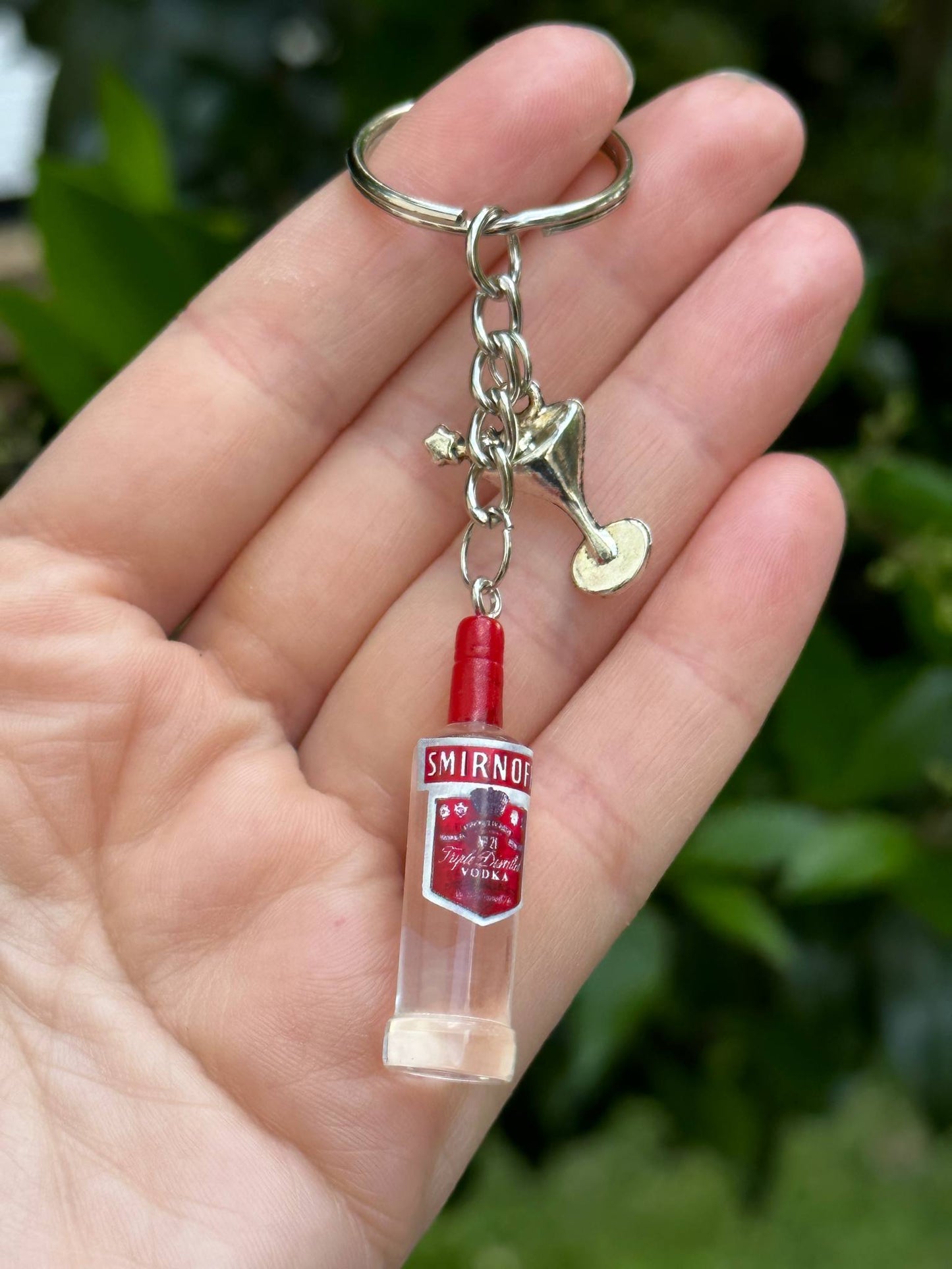 mini vodka bottle keychain with cocktail charm for bar and party lovers