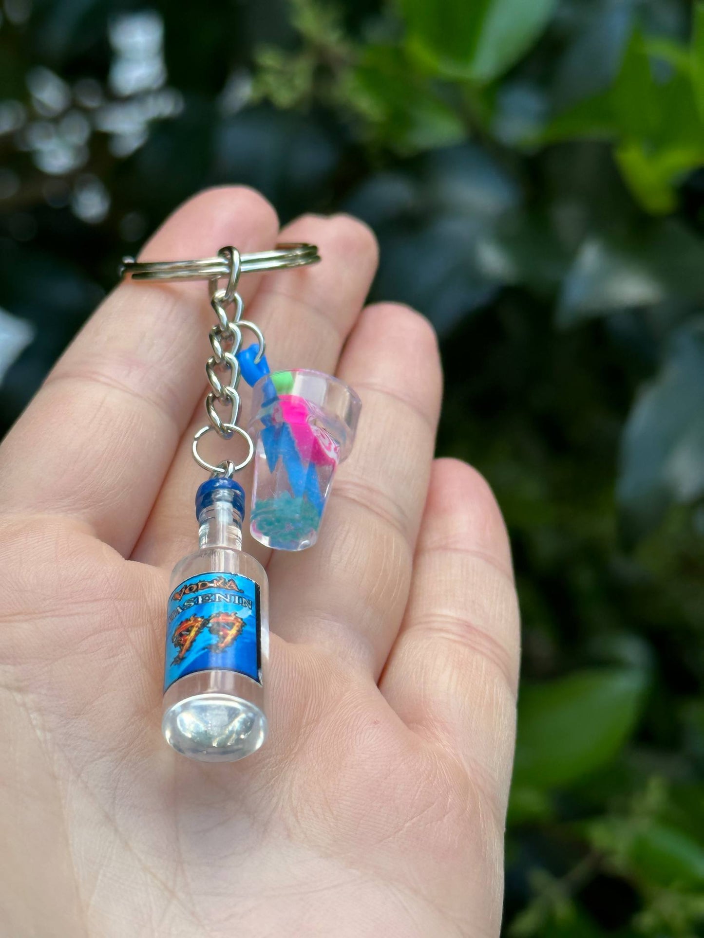 mini Vasenin 77 vodka bottle keychain with drink cup charms handmade bar-themed gift