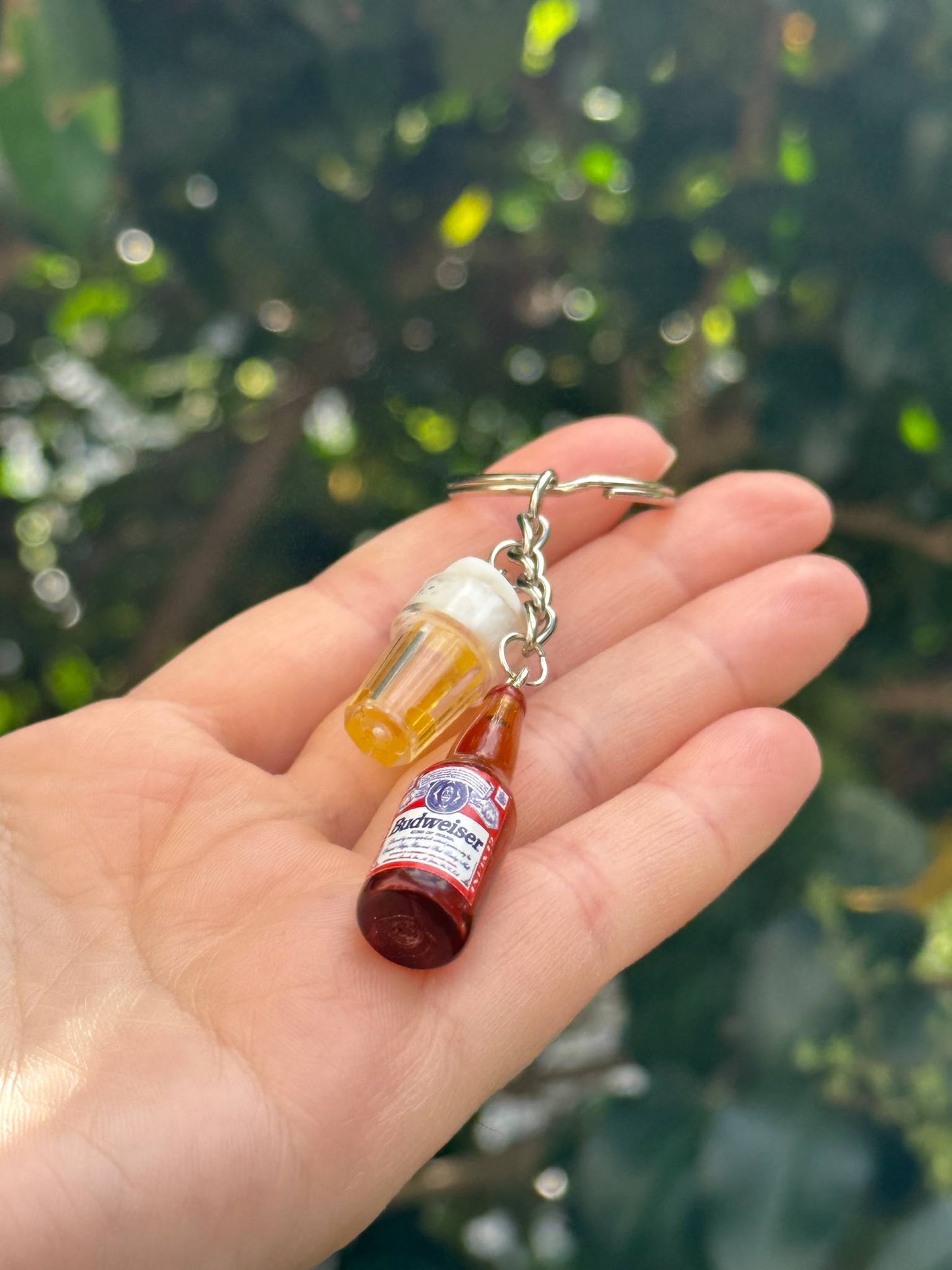 mini Budweiser bottle keychain with beer cup charm fun gift for beer lovers
