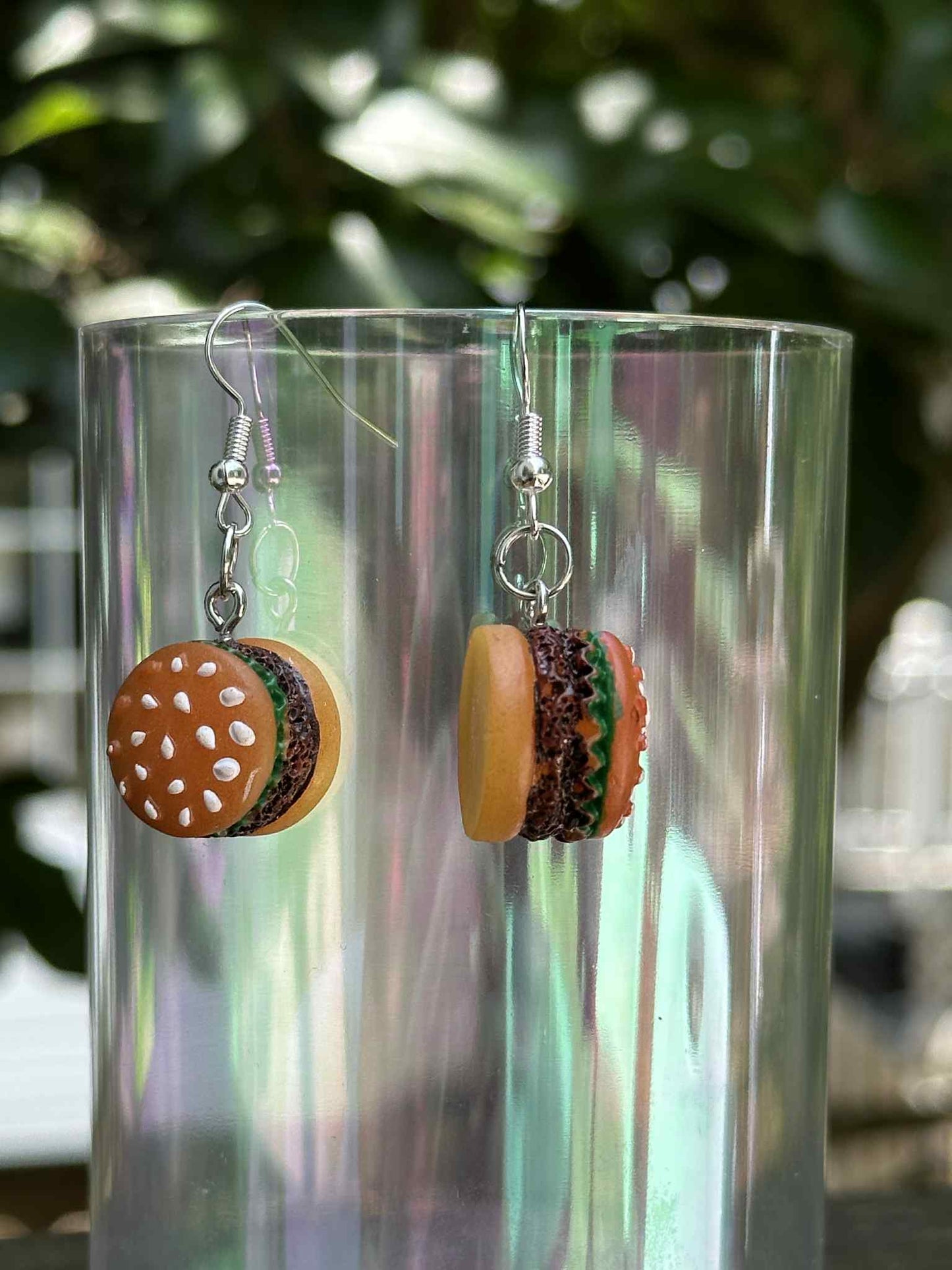 Acrylic hamburger charm earrings – quirky novelty dangle jewelry for retailers and boutiques.