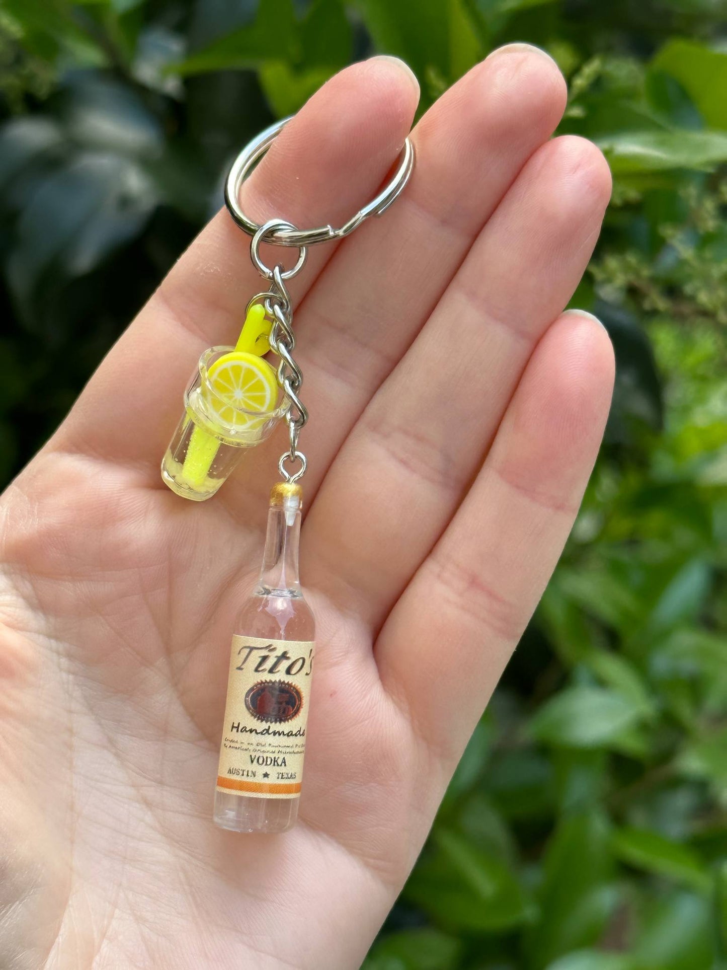 mini tito’s vodka keychain with cocktail glass charm fun gift for vodka lovers