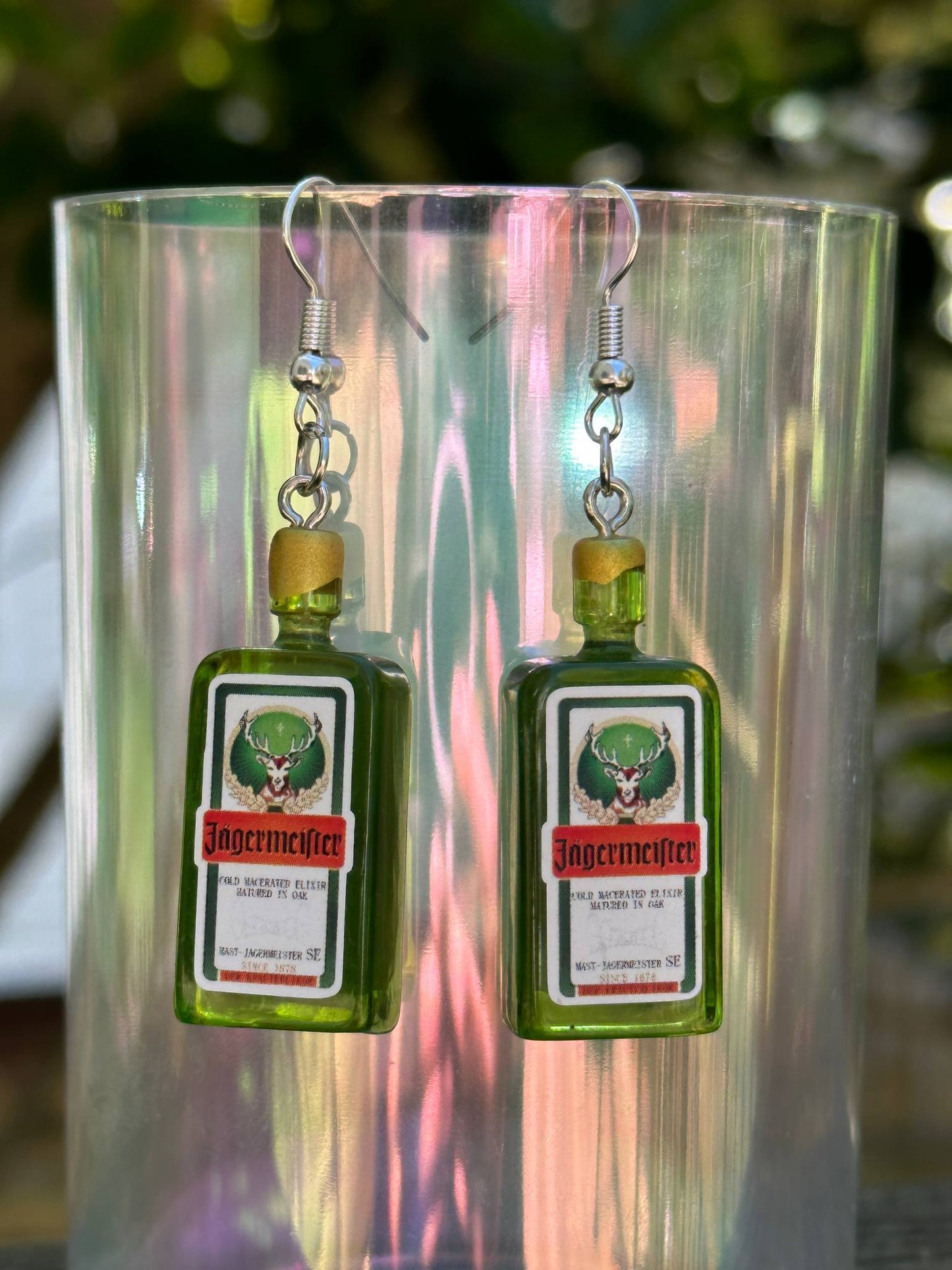 mini Jägermeister bottle earrings resin handmade jewelry for party lovers