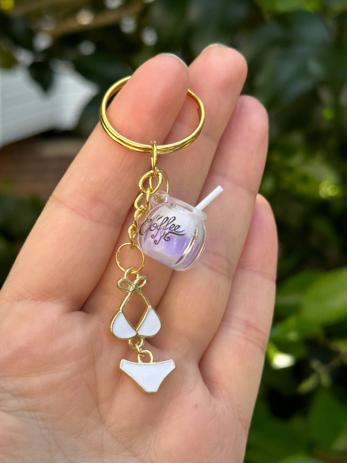 coffee cup keychain with bikini charm fun trendy accessory gift