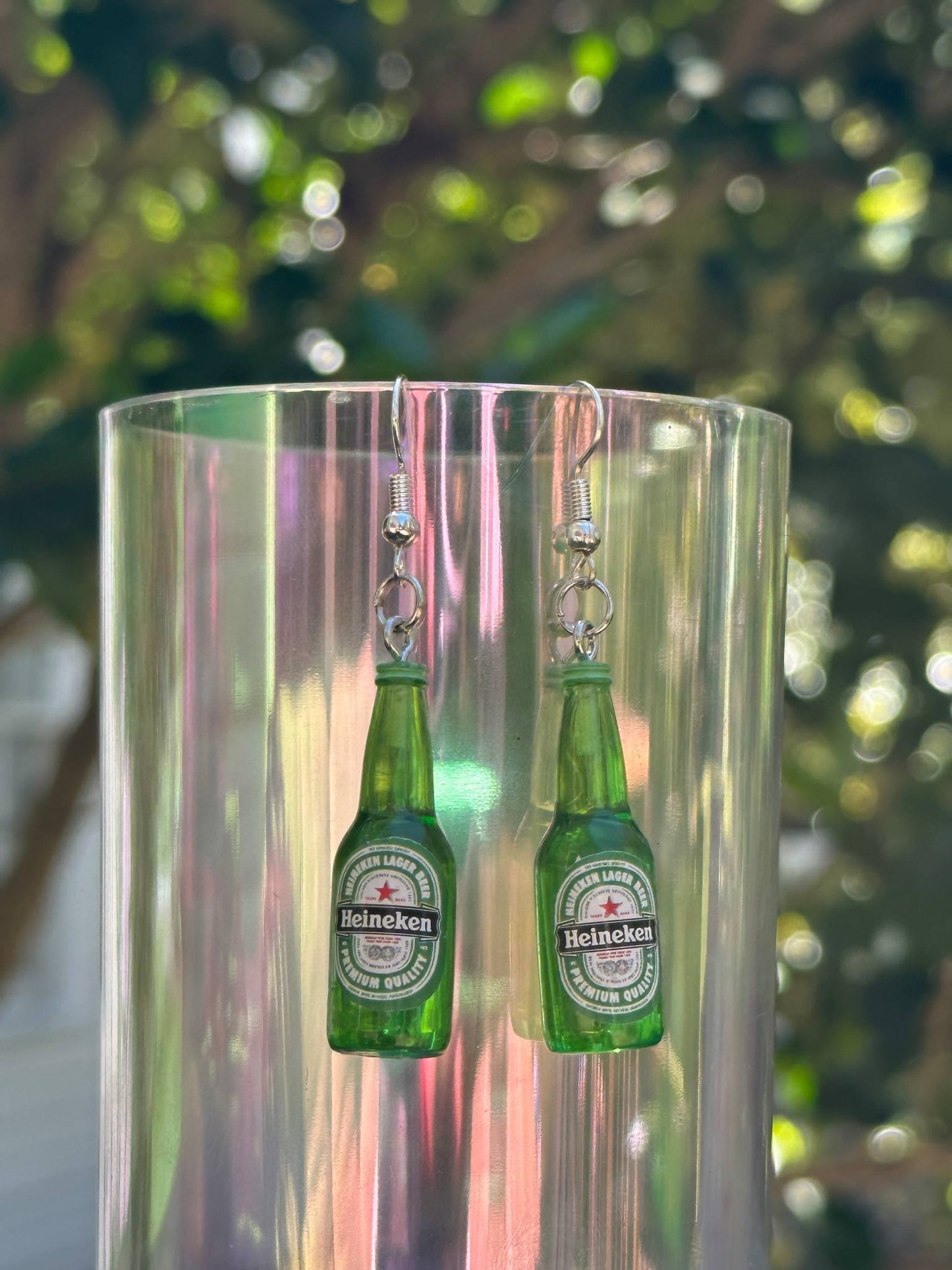 mini Heineken beer bottle earrings handmade resin jewelry for beer lovers