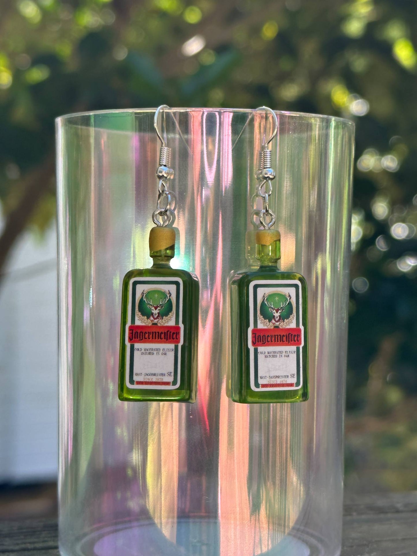 mini Jägermeister bottle earrings resin handmade jewelry for party lovers