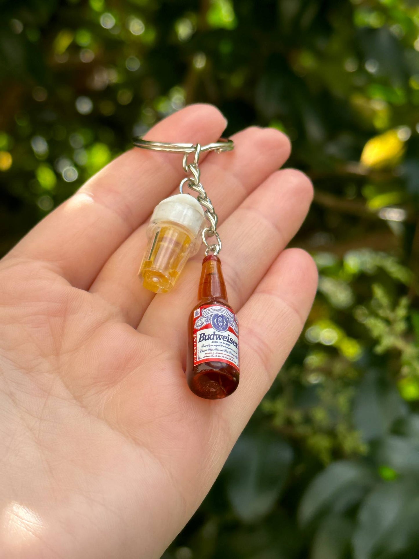 mini Budweiser bottle keychain with beer cup charm fun gift for beer lovers