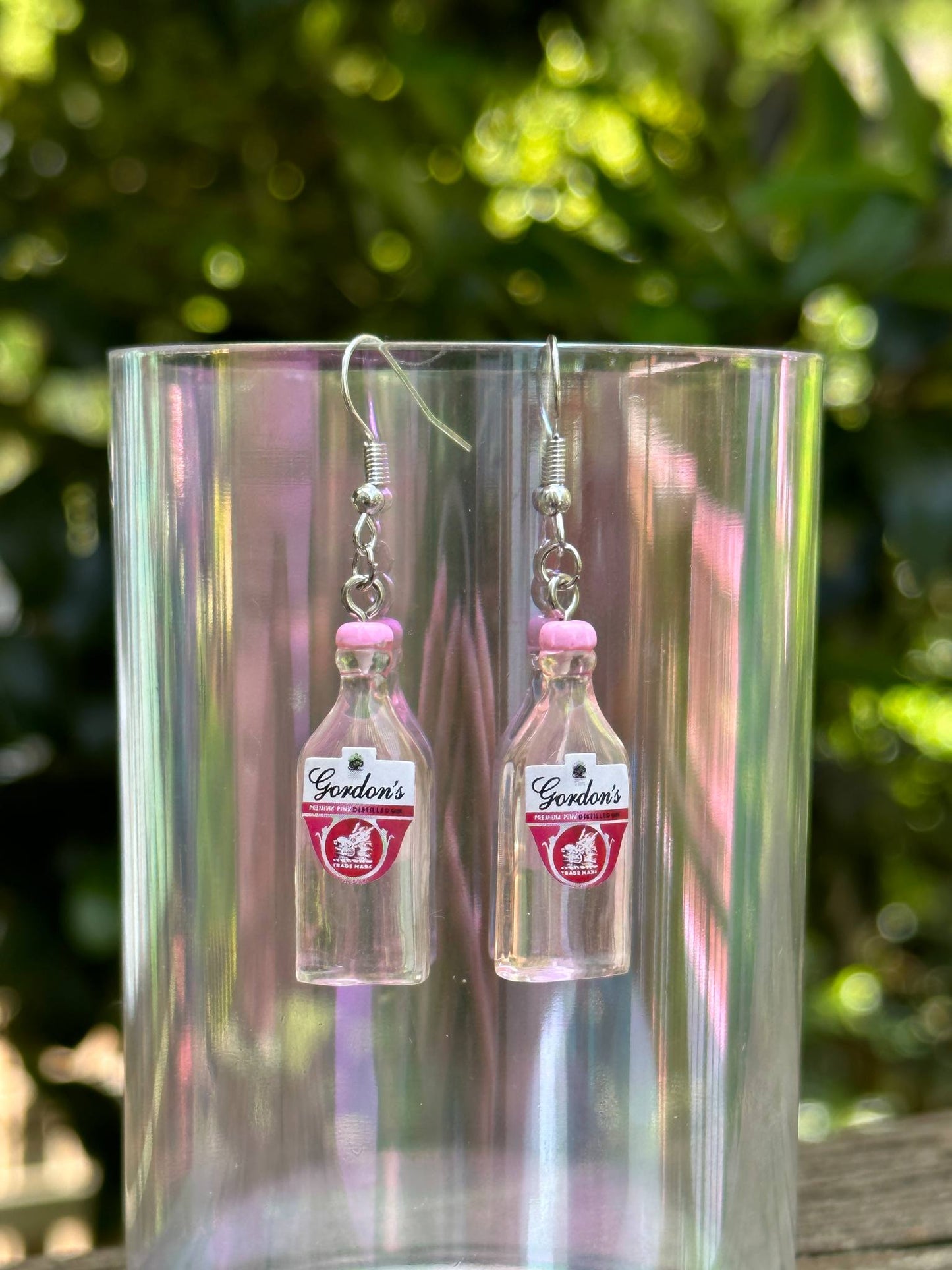 mini Gordon’s pink gin earrings resin handmade jewelry for gin lovers