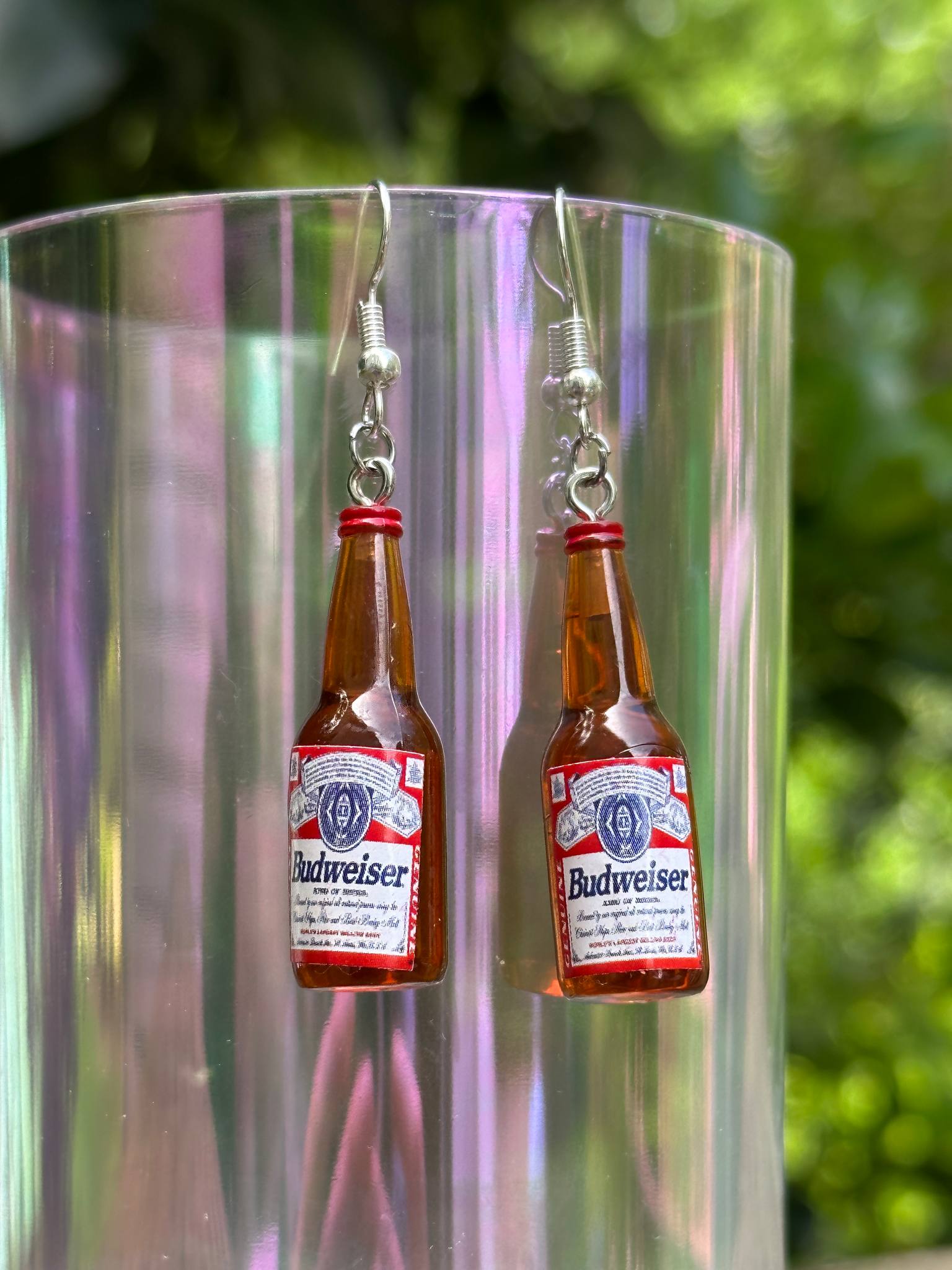 mini Budweiser beer bottle earrings fun resin jewelry for beer lovers