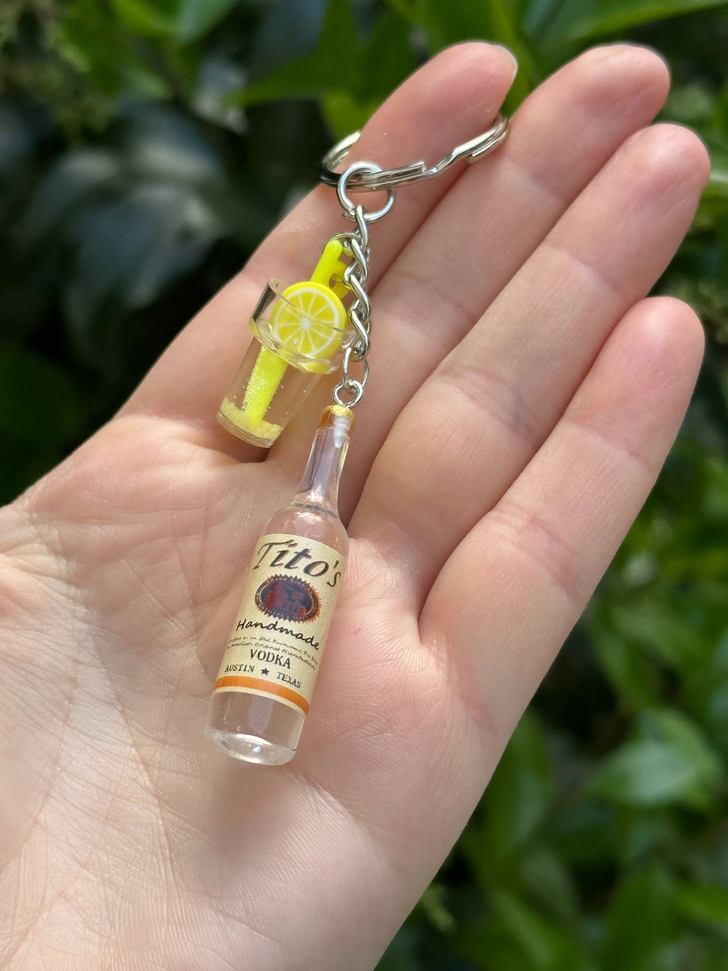 mini tito’s vodka keychain with cocktail glass charm fun gift for vodka lovers