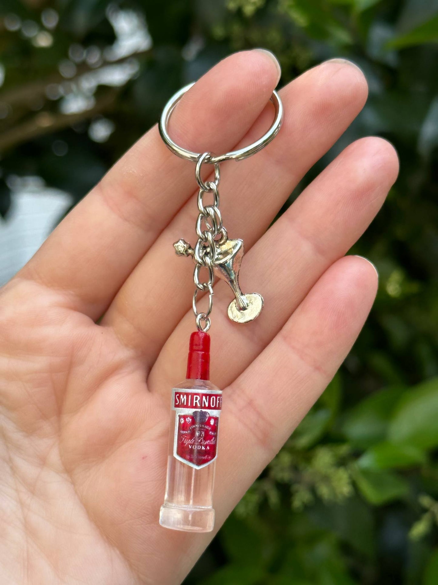 mini vodka bottle keychain with cocktail charm for bar and party lovers