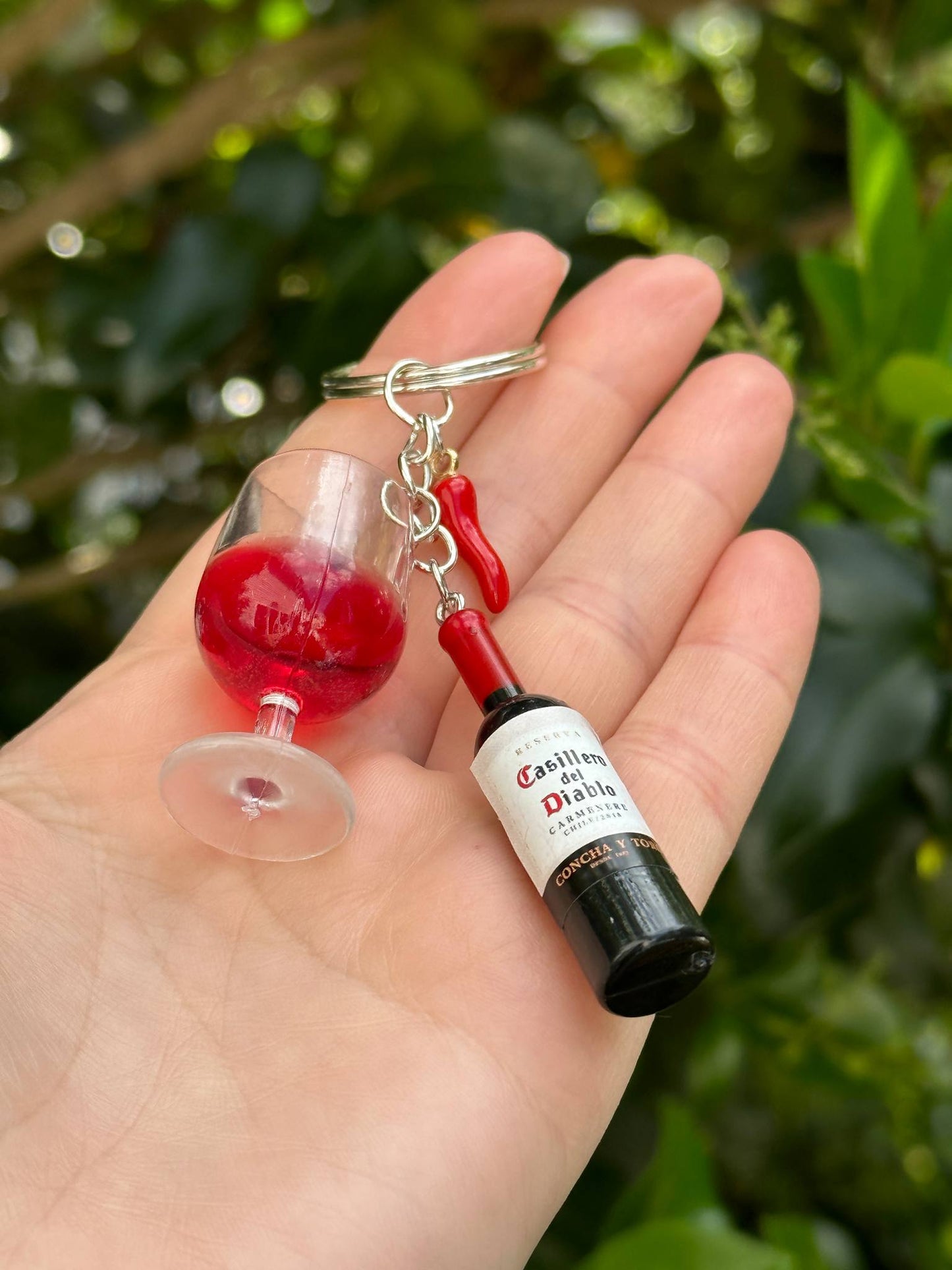 oversized wine bottle keychain set with wine glass earrings and red pepper charm gift