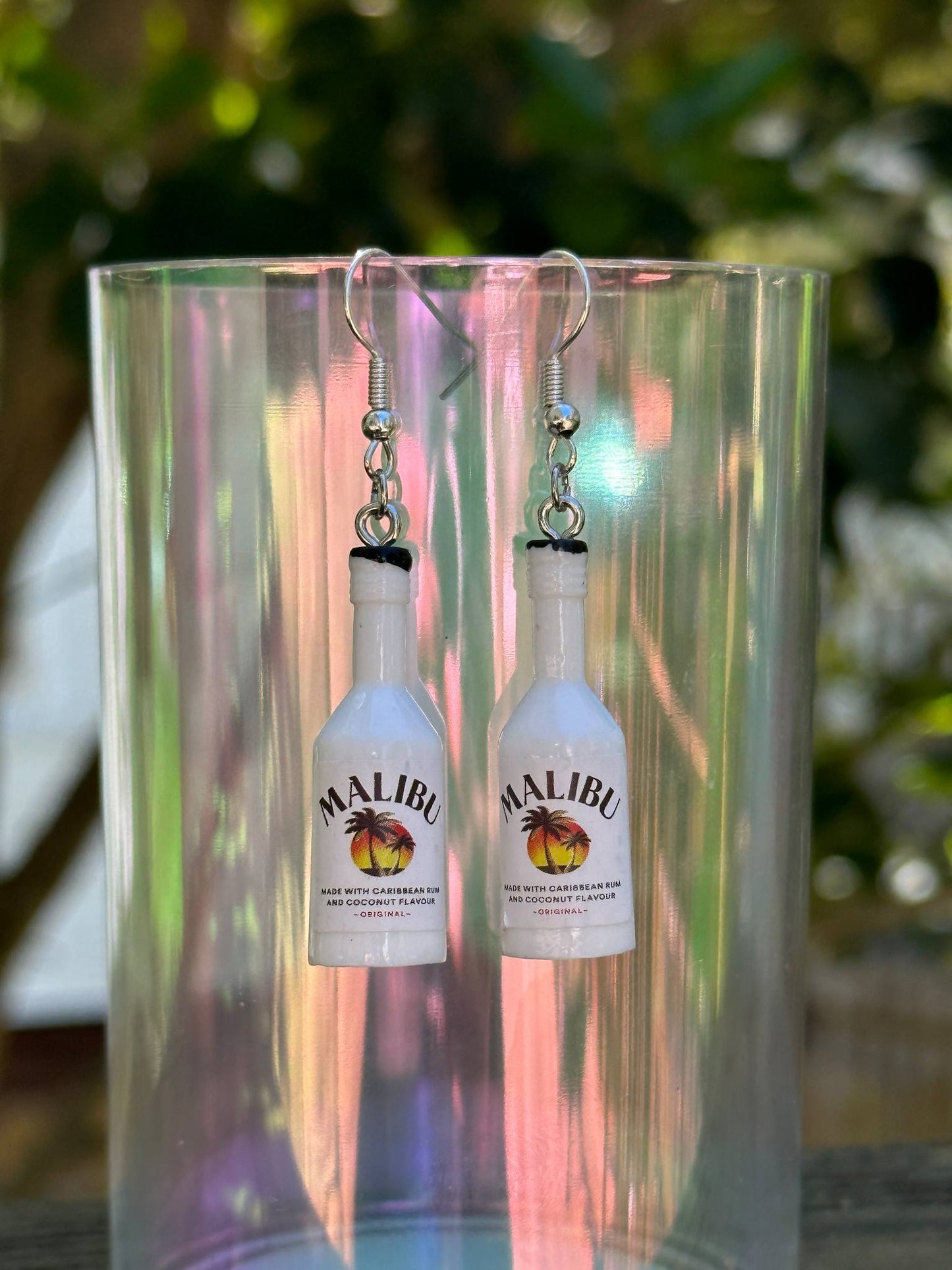 mini Malibu rum bottle earrings tropical drink-themed jewelry handmade gift